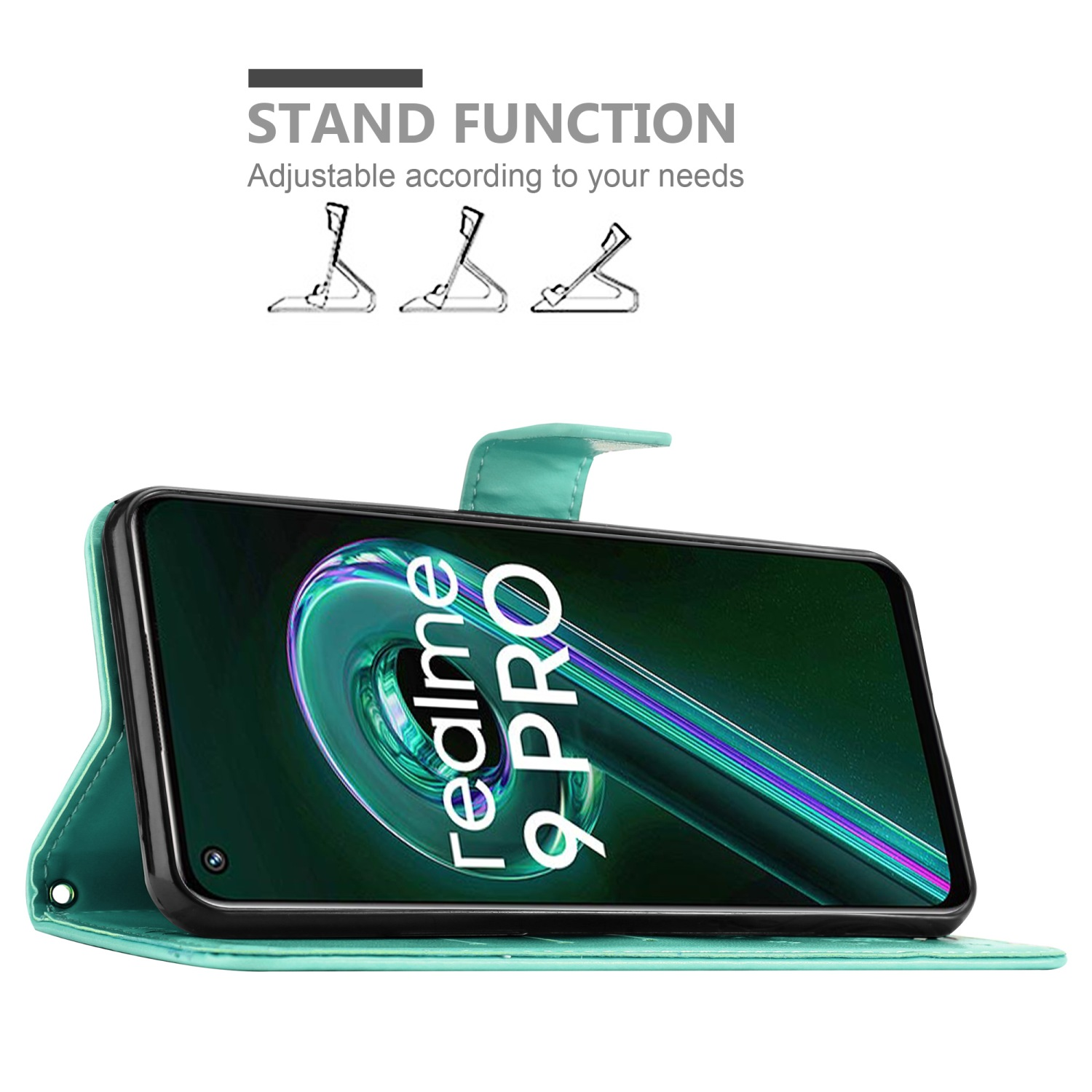Una custodia per telefono verde acqua aperta, che rivela un telefono con uno schermo verde che mostra il logo Realme 9 Pro.