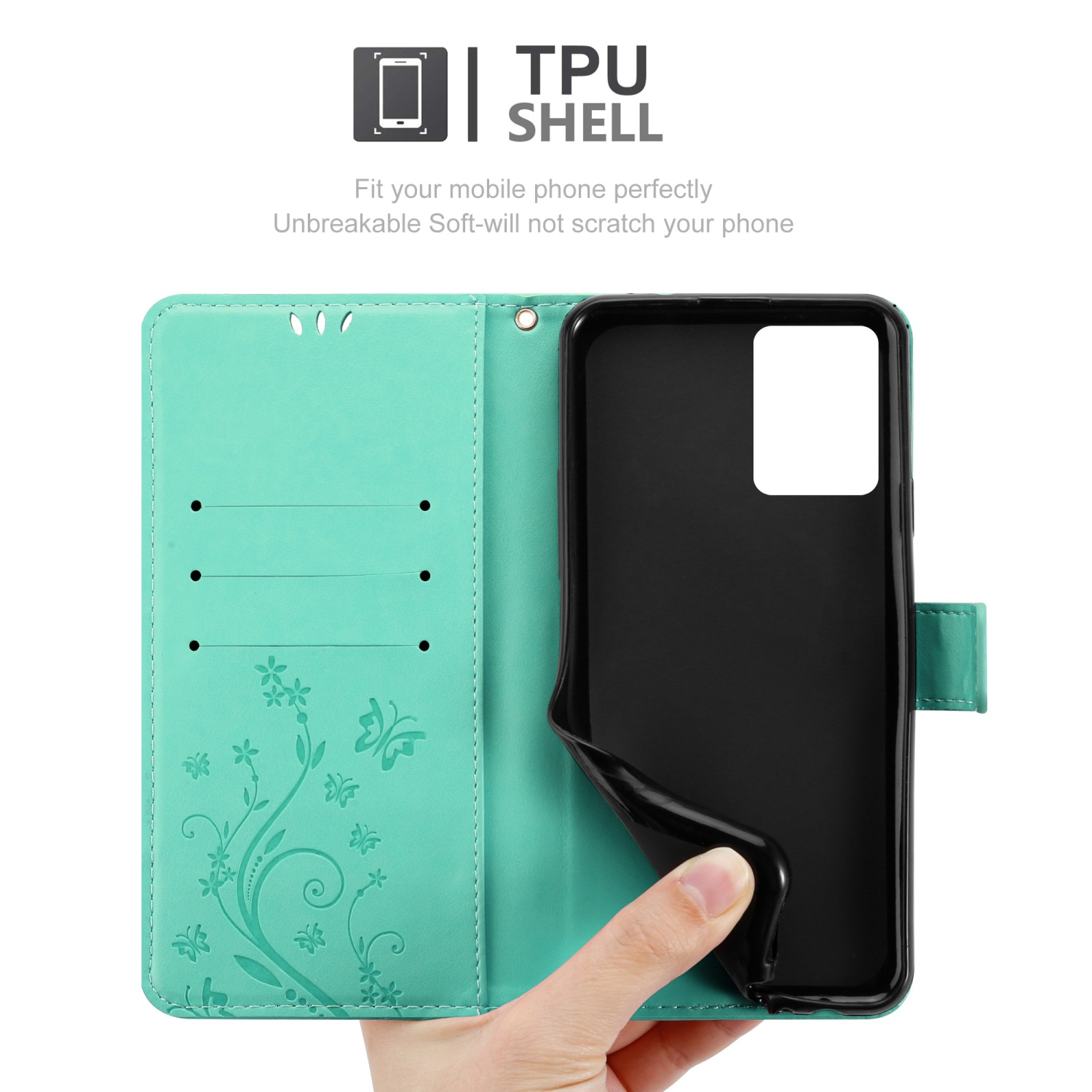 Portafoglio per telefono verde aperto con telefono e design floreale e testo 'TPU SHELL'. Una mano tiene il telefono.