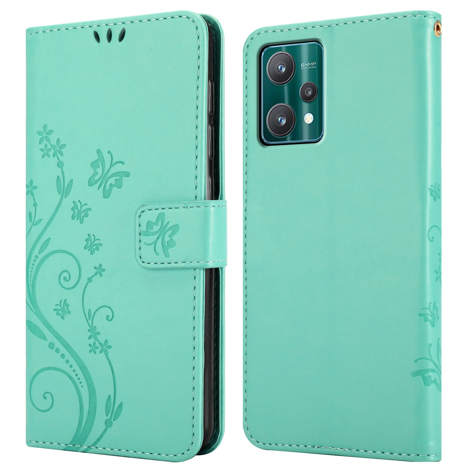 Una custodia per telefono verde acqua con un design floreale e a farfalla, aperta e chiusa.