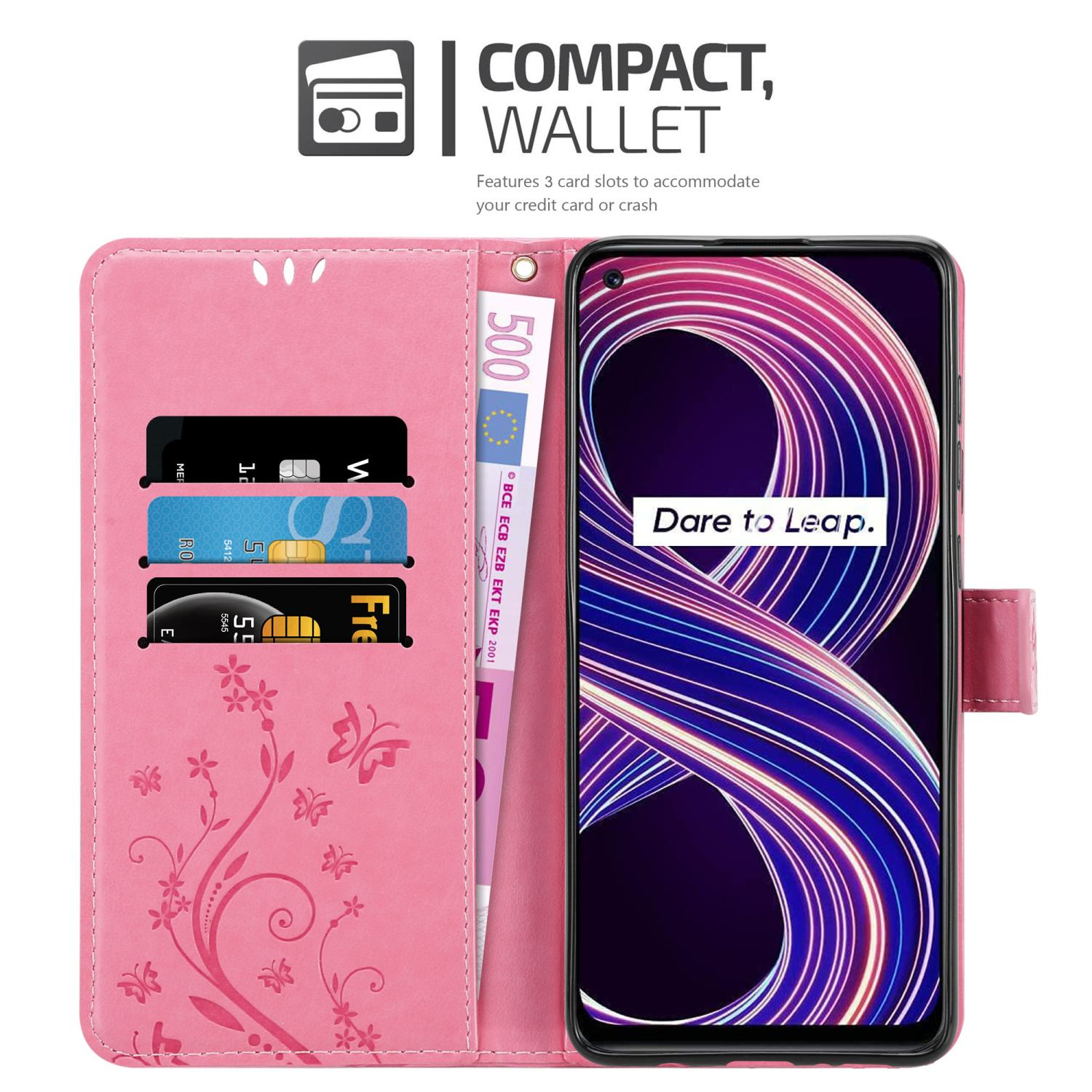 Custodia rosa con telefono, carte e denaro. Il telefono mostra 'Dare to Leap' e ha decorazioni floreali.