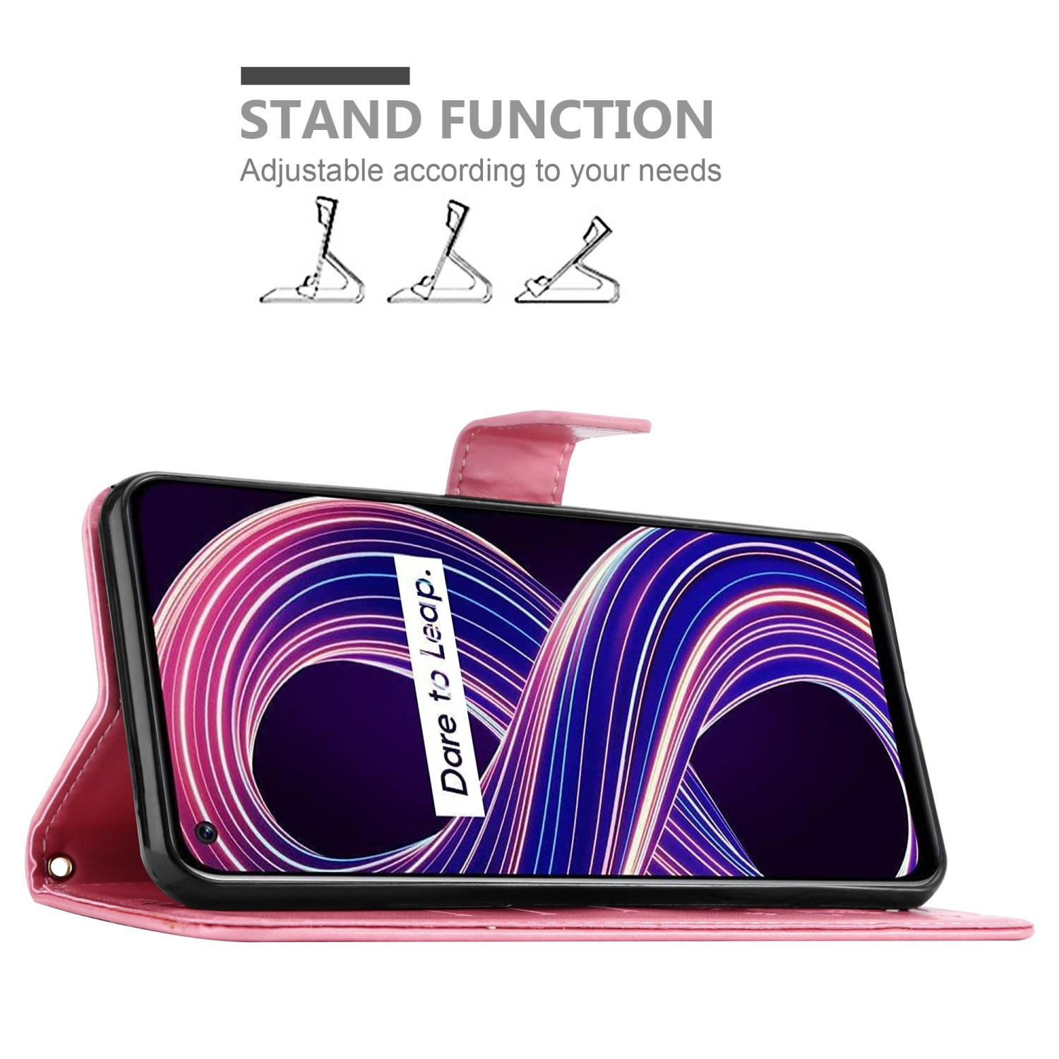Un telefono in una custodia a portafoglio rosa. Il telefono è aperto e in posizione di supporto. Lo sfondo è bianco.