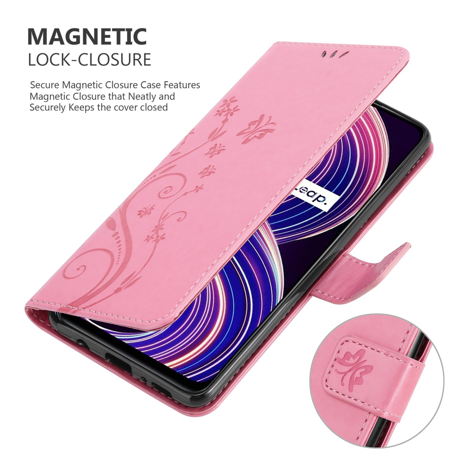 Custodia per telefono rosa con design floreale. Il testo recita 'Magnetic Lock-Closure'.