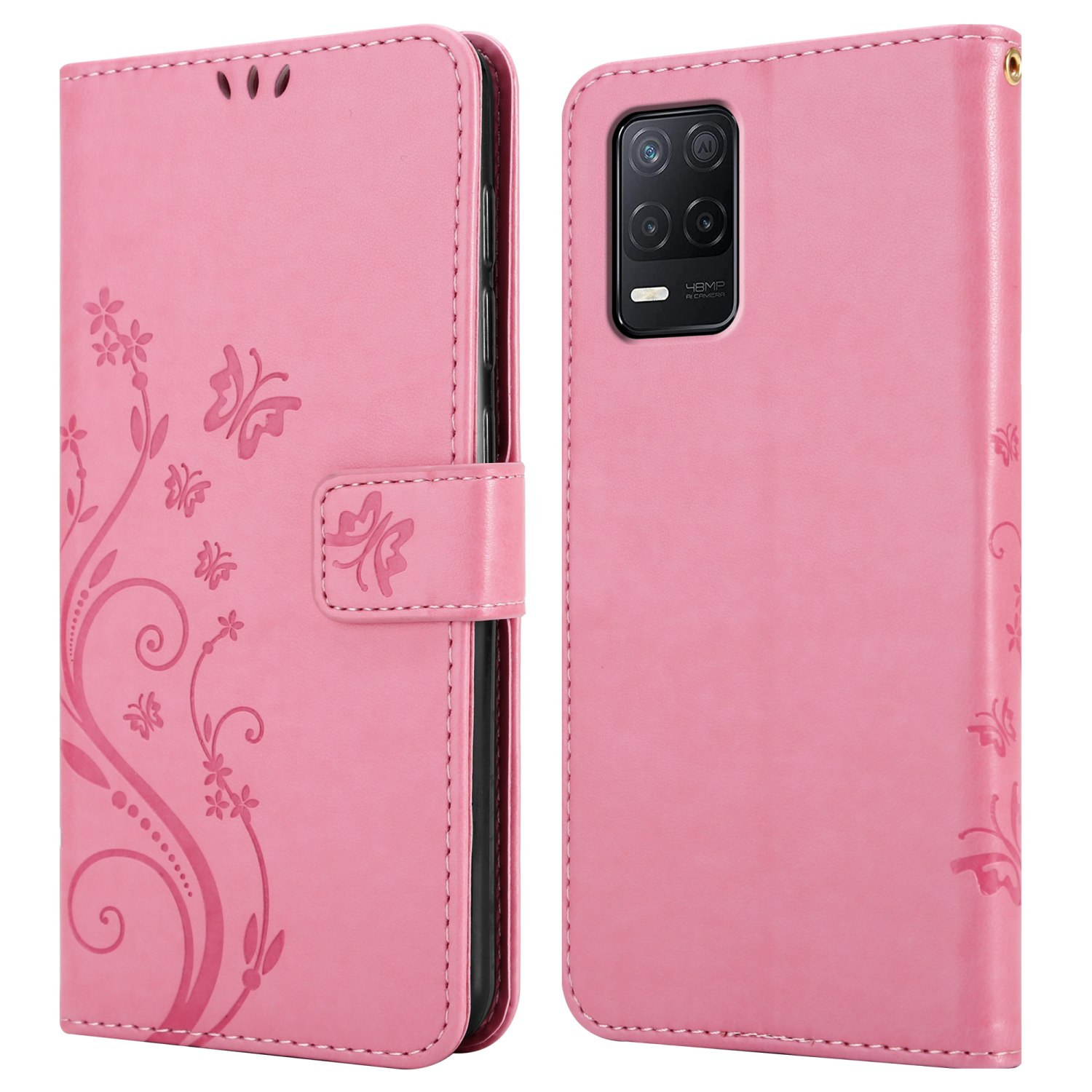 Custodia per telefono rosa con un design floreale. Il telefono è nella custodia e la cover ha un design a farfalla.