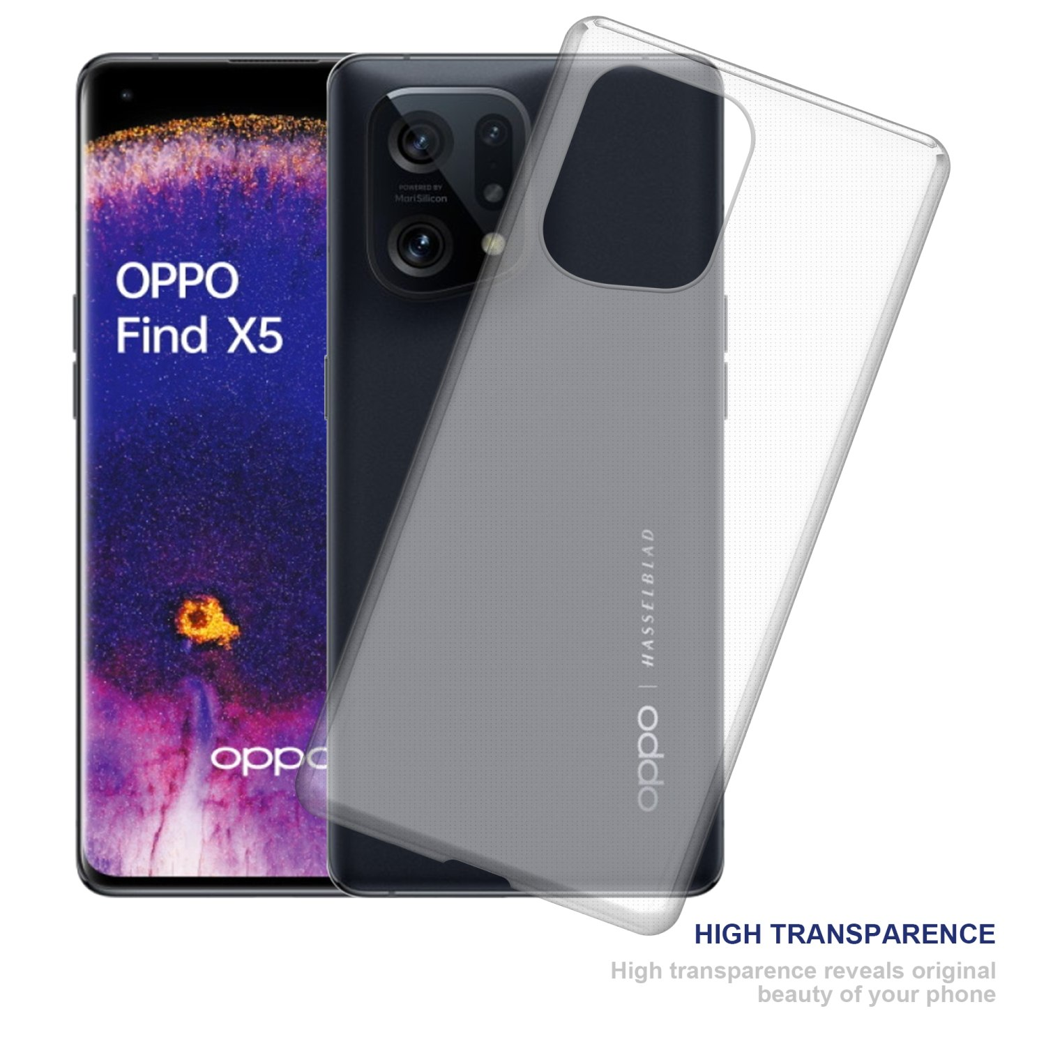 Funda de teléfono con una cubierta transparente. El teléfono es negro. La marca es OPPO Find X5.