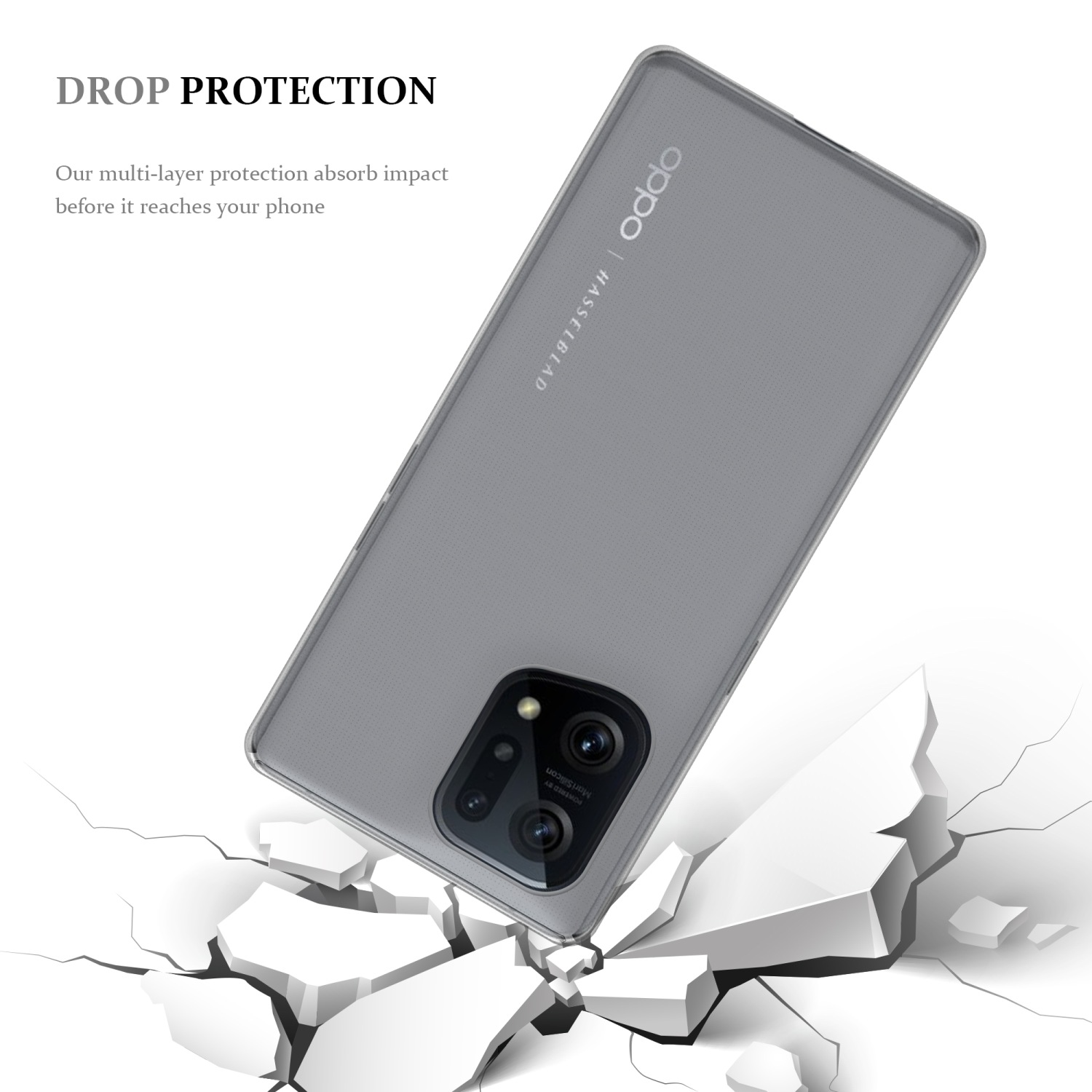 Una funda de teléfono cayendo sobre bloques blancos y agrietados. El fondo es blanco. La funda es gris.