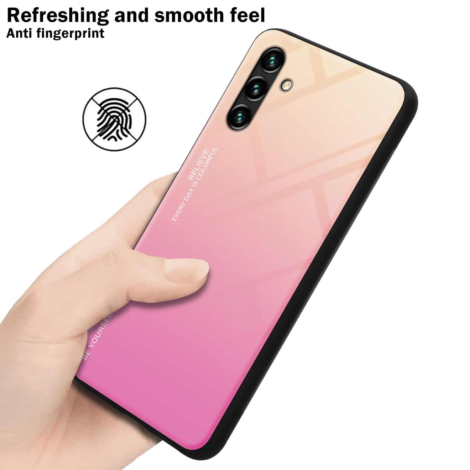Mano che tiene un telefono con cover posteriore rosa sfumata, anti-impronte, sensazione fresca e liscia.