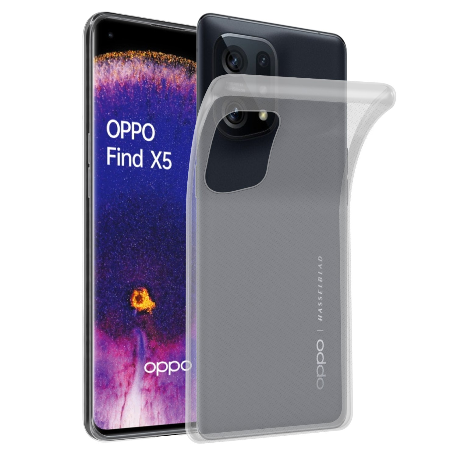 Un teléfono con una funda transparente. La pantalla muestra el texto 'OPPO Find X5'. La funda muestra 'OPPO' y 'HASSELBLAD'.