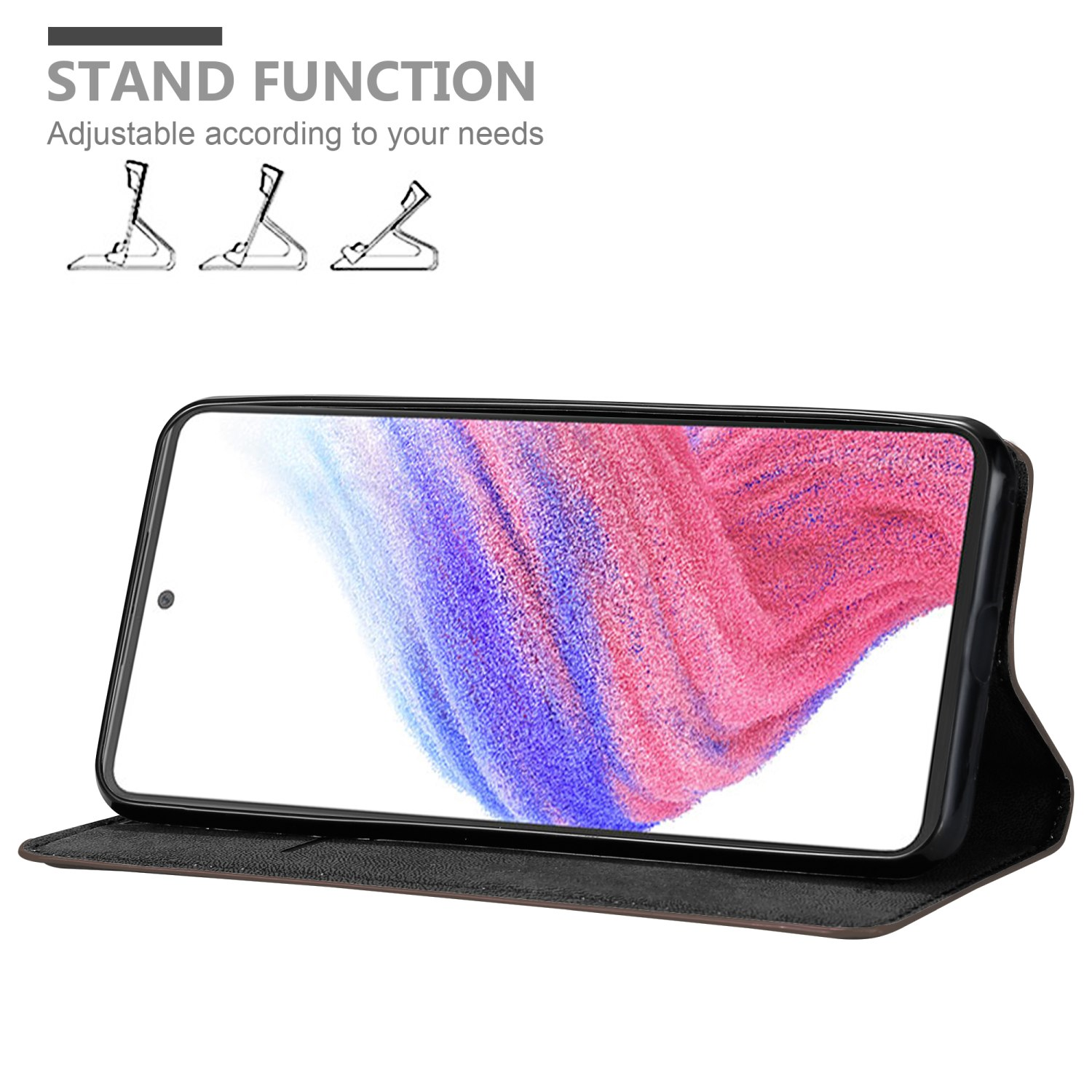 Telefono in custodia nera, aperto. Grafica funzione supporto in alto. Display con immagine astratta rossa e viola.