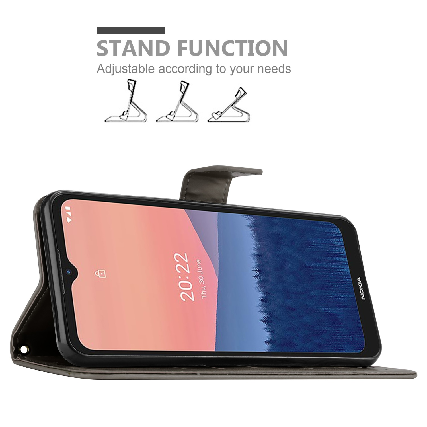 Telefono in custodia grigia, aperto, che mostra lo schermo. Testo e icone della funzione stand sullo sfondo.