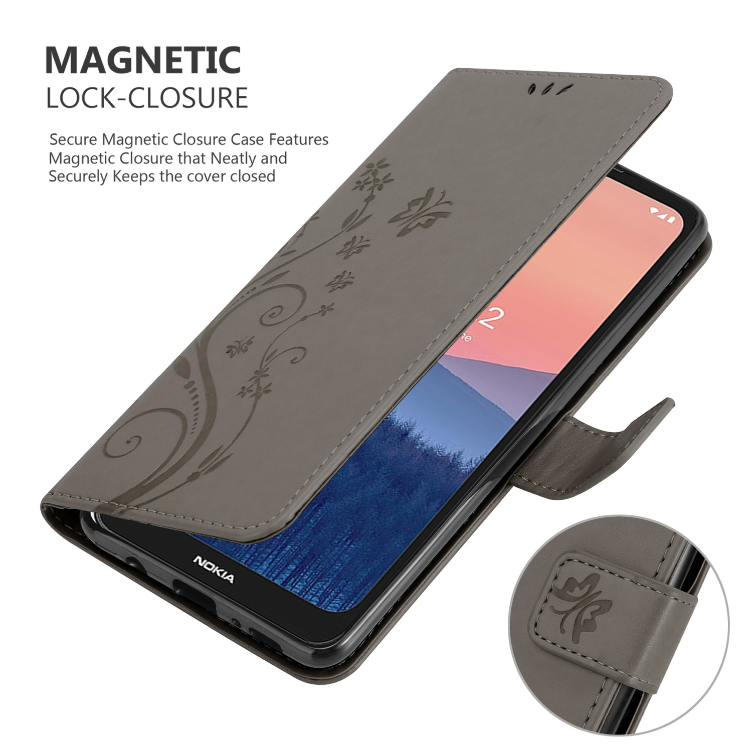 Custodia grigia con design floreale, chiusura magnetica. Telefono con schermo visibile.