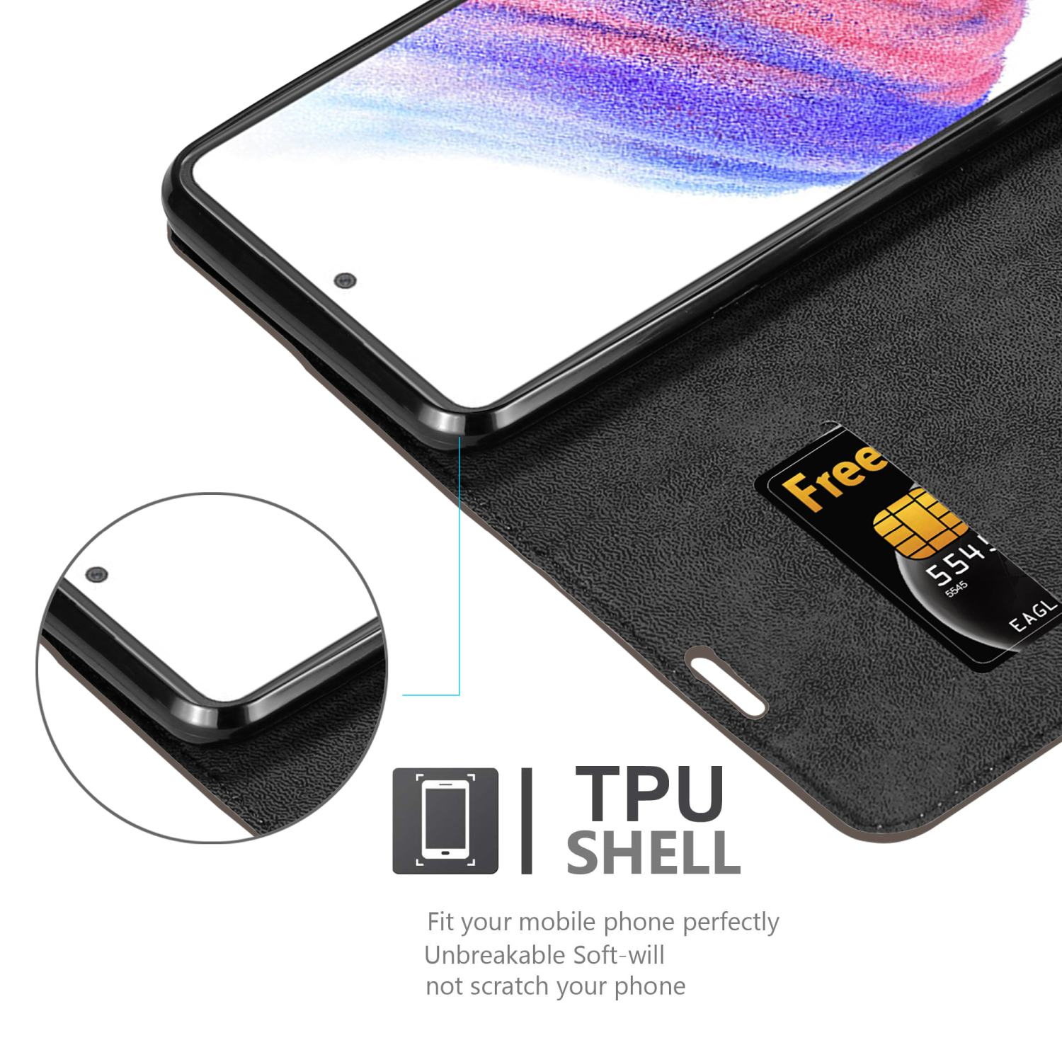 Custodia nera con un telefono. Il testo dice 'TPU SHELL'. Viene mostrato anche un primo piano del bordo del telefono.