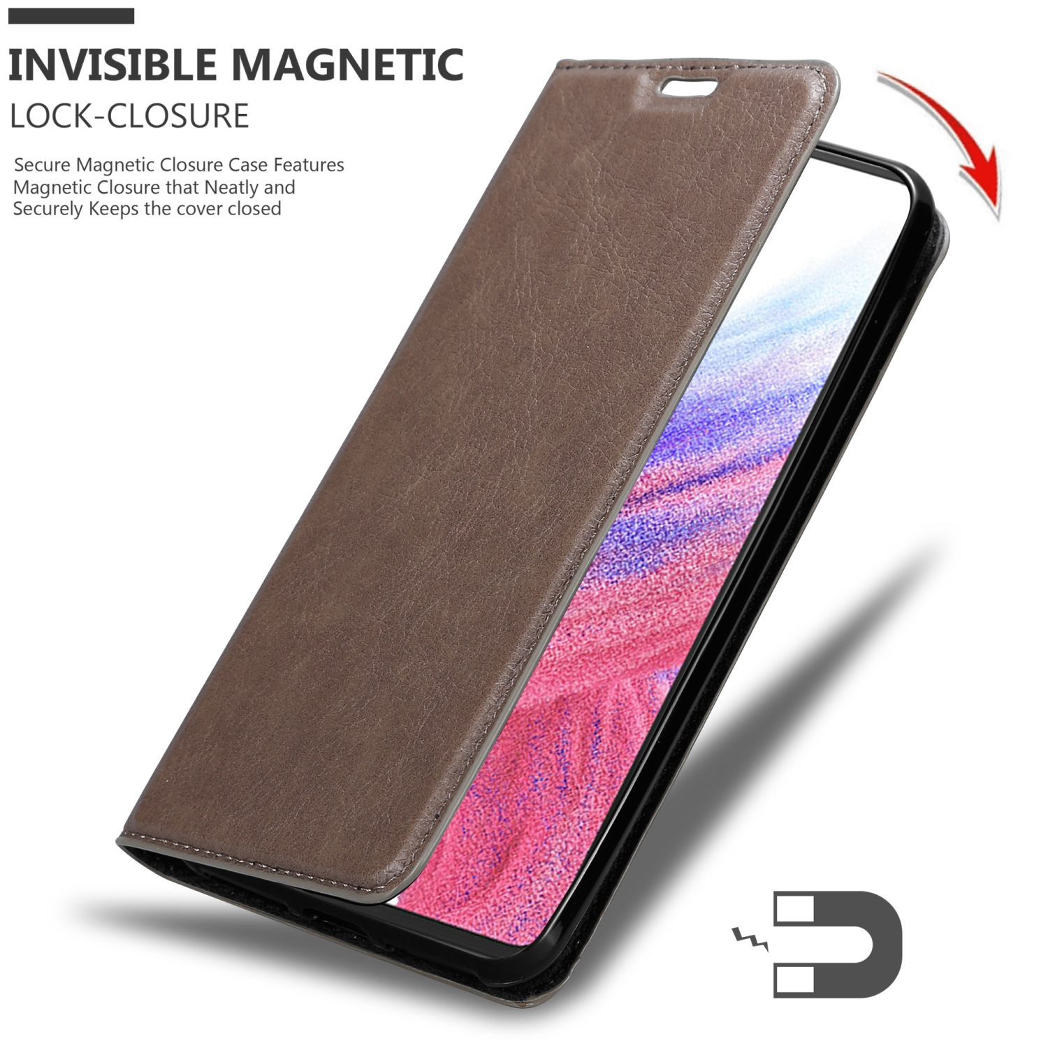 Una custodia marrone per telefono è mostrata con chiusura magnetica. La custodia è aperta.