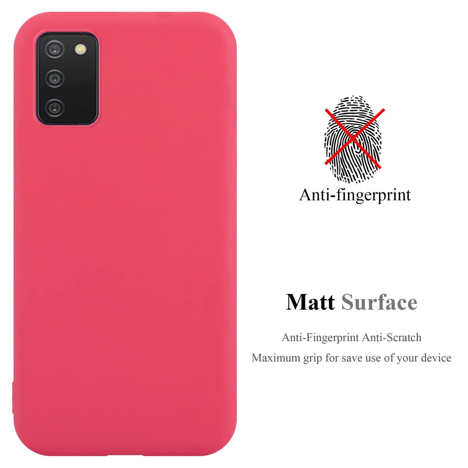 Una custodia per telefono rossa con un telefono all'interno. Un simbolo di impronta digitale barrato. Testo: 'Matt Surface'.