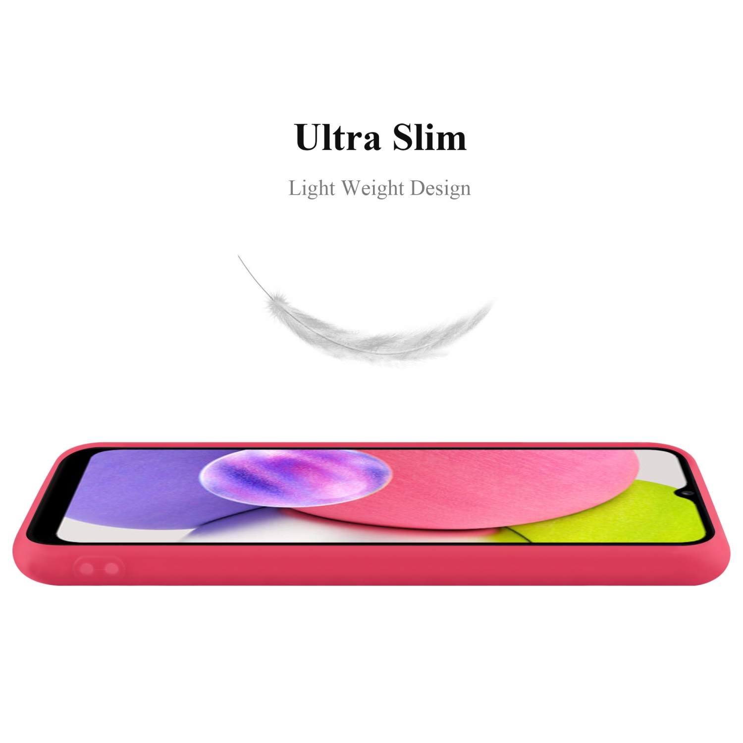 Una custodia rossa per telefono. Lo schermo del telefono mostra colori viola e rosa. Una piuma bianca in aria.
