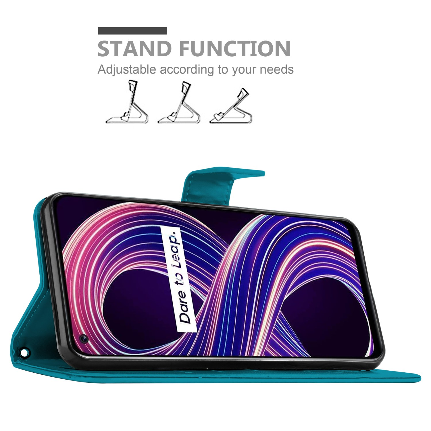 Custodia teal aperta, telefono con design. Testo: Funzione supporto.