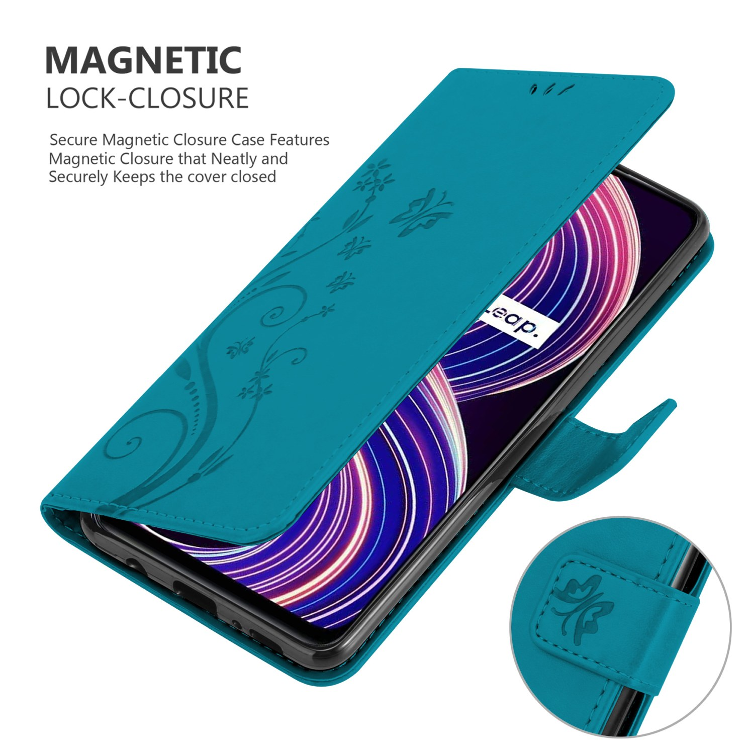 Custodia teal aperta, che mostra lo schermo del telefono con motivo floreale. Sfondo bianco.