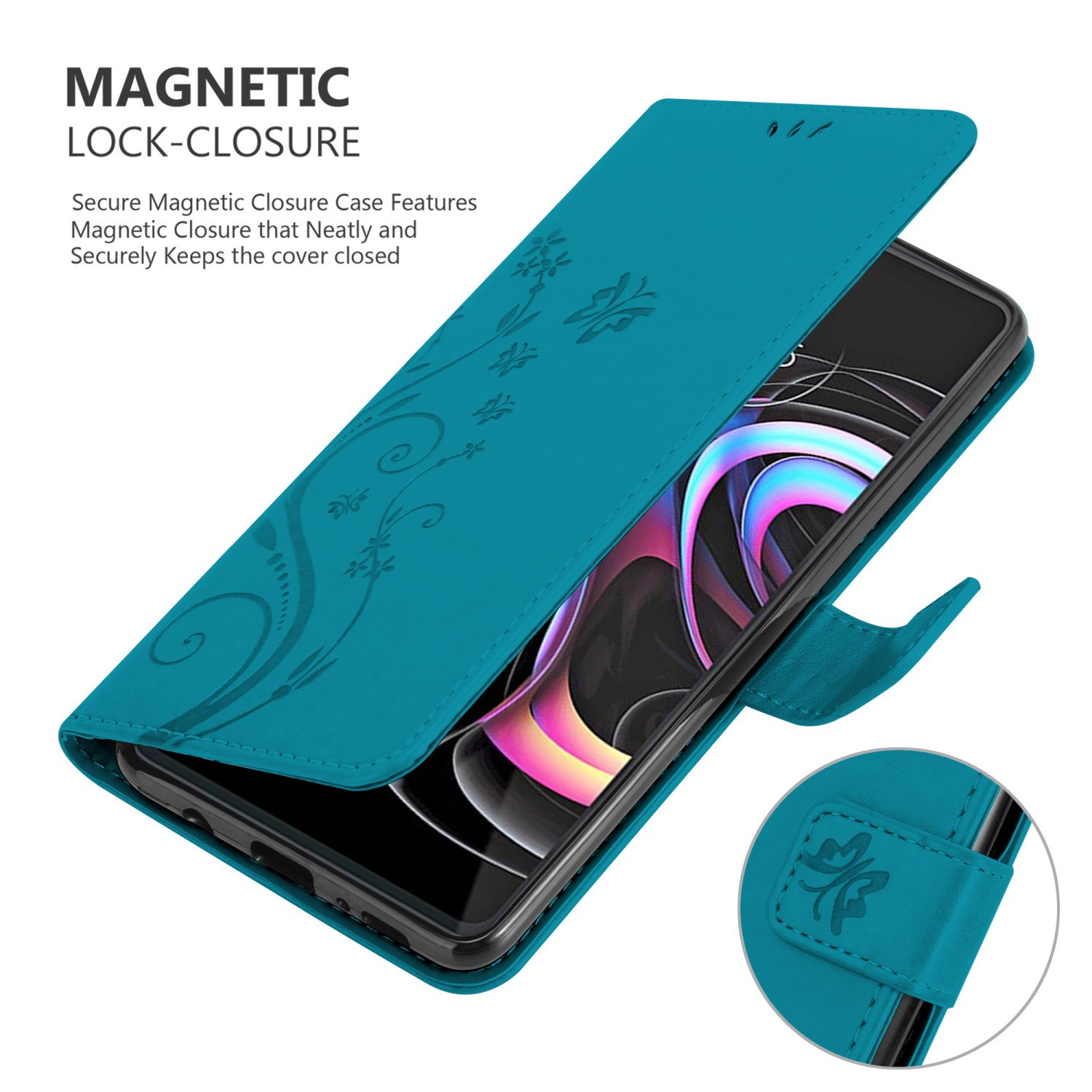 Custodia per telefono verde acqua, aperta. Il telefono è all'interno con un design floreale. La custodia ha una chiusura magnetica.
