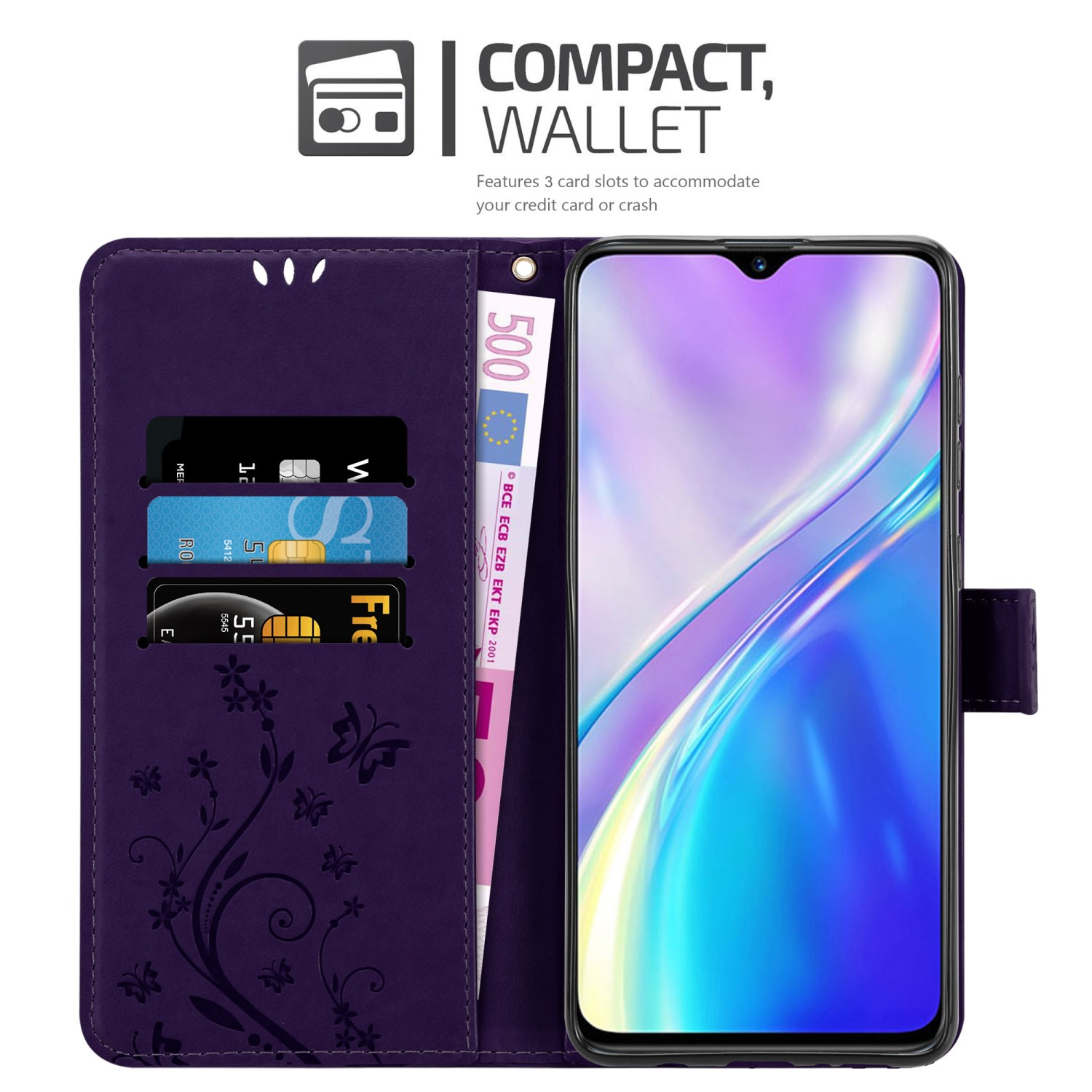 Custodia viola per telefono stile portafoglio con carte e denaro. Testo: 'Compatto, Portafoglio'.