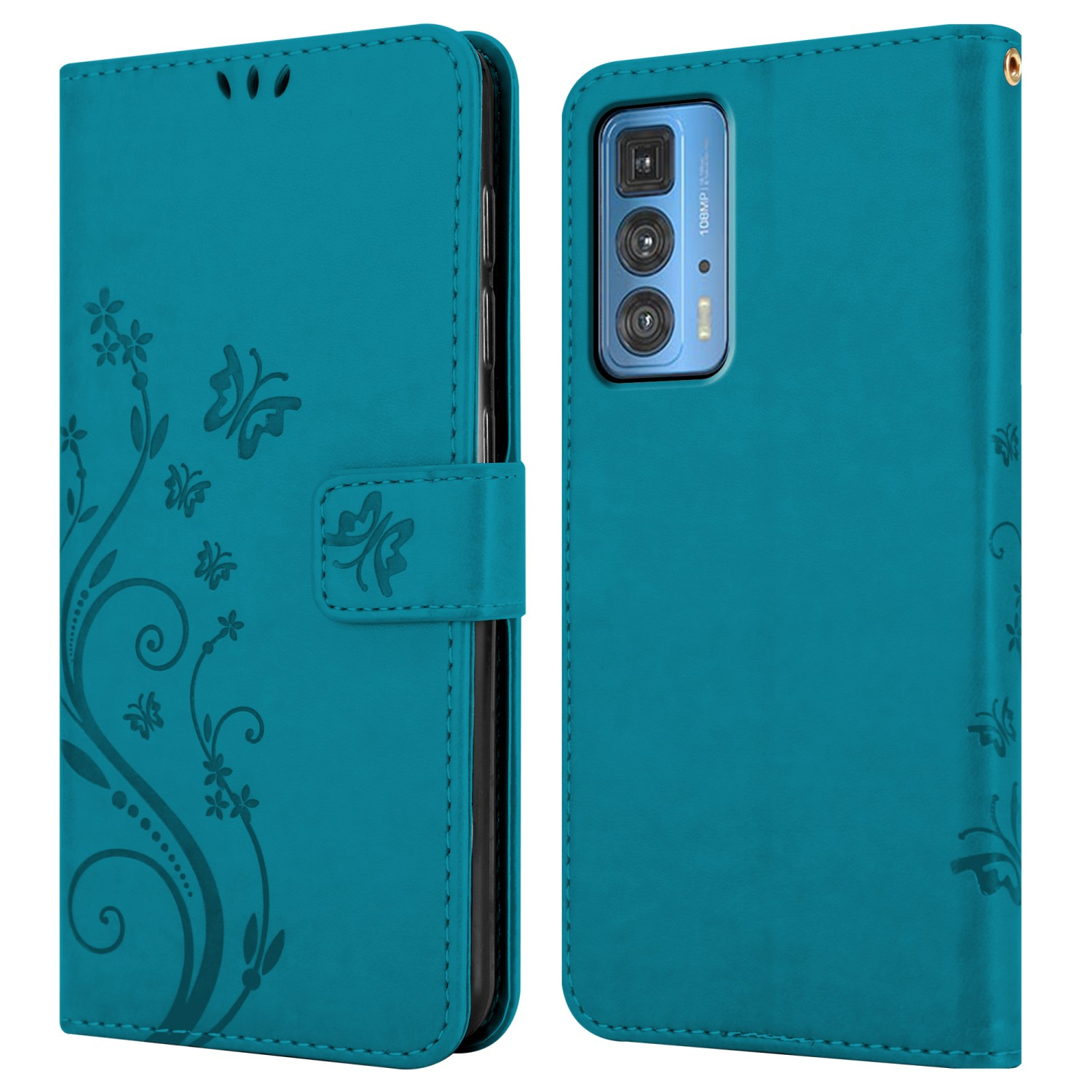 Custodia per telefono turchese, aperta e chiusa, con design floreale e farfalle. Il retro presenta un ritaglio per la fotocamera.
