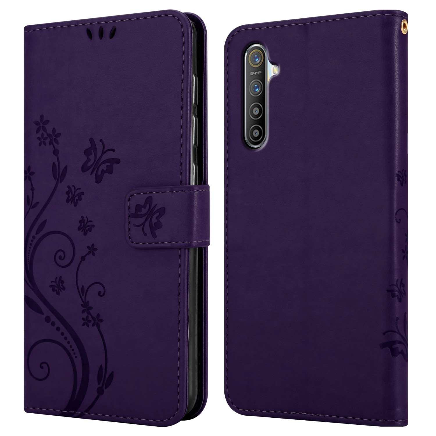 Custodia a portafoglio viola con design floreale. Mostra la parte anteriore e posteriore del telefono. Il testo dice funzione stand.