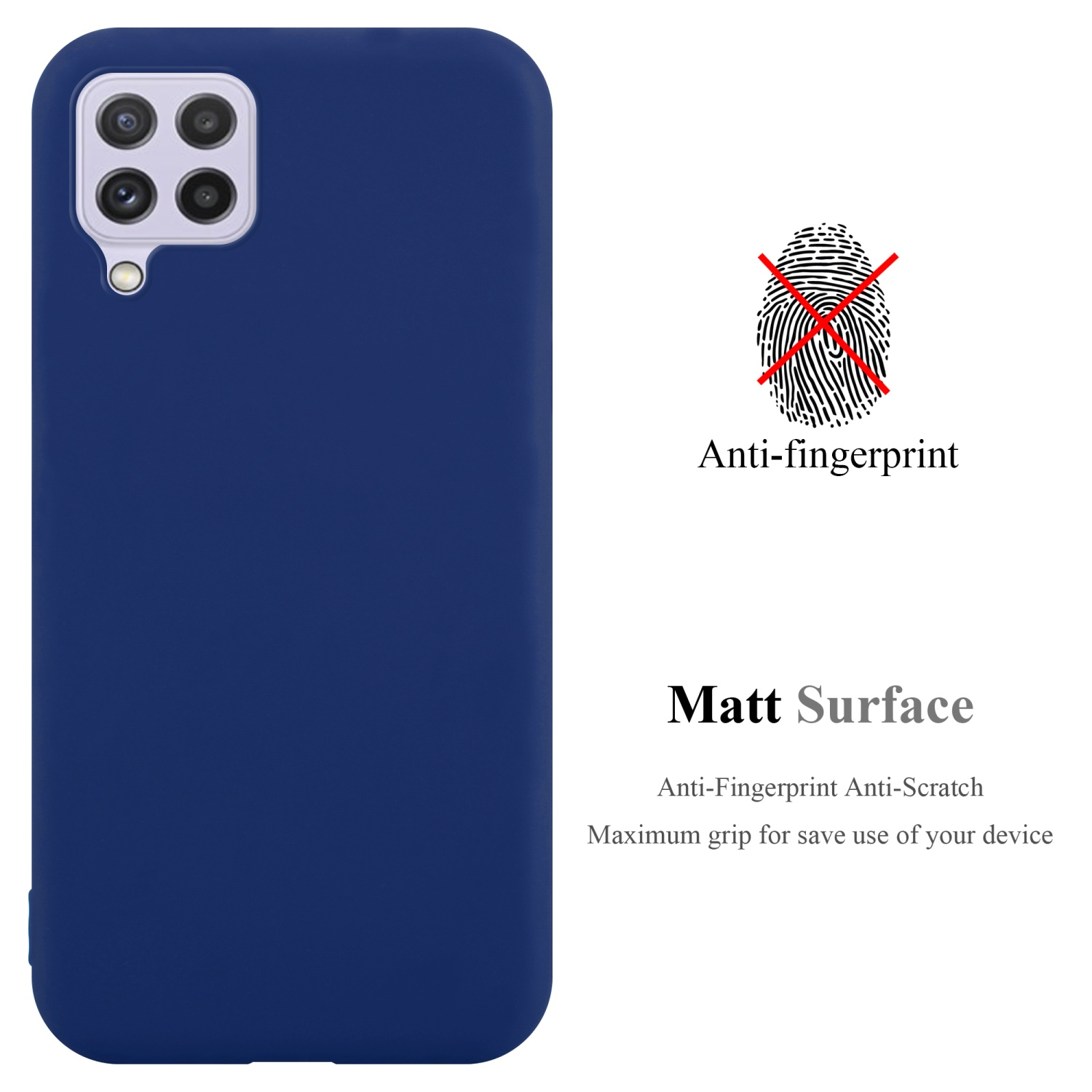 Custodia per telefono blu scuro. Testo: Superficie opaca, anti-impronte, massima presa. Simbolo impronta con croce.