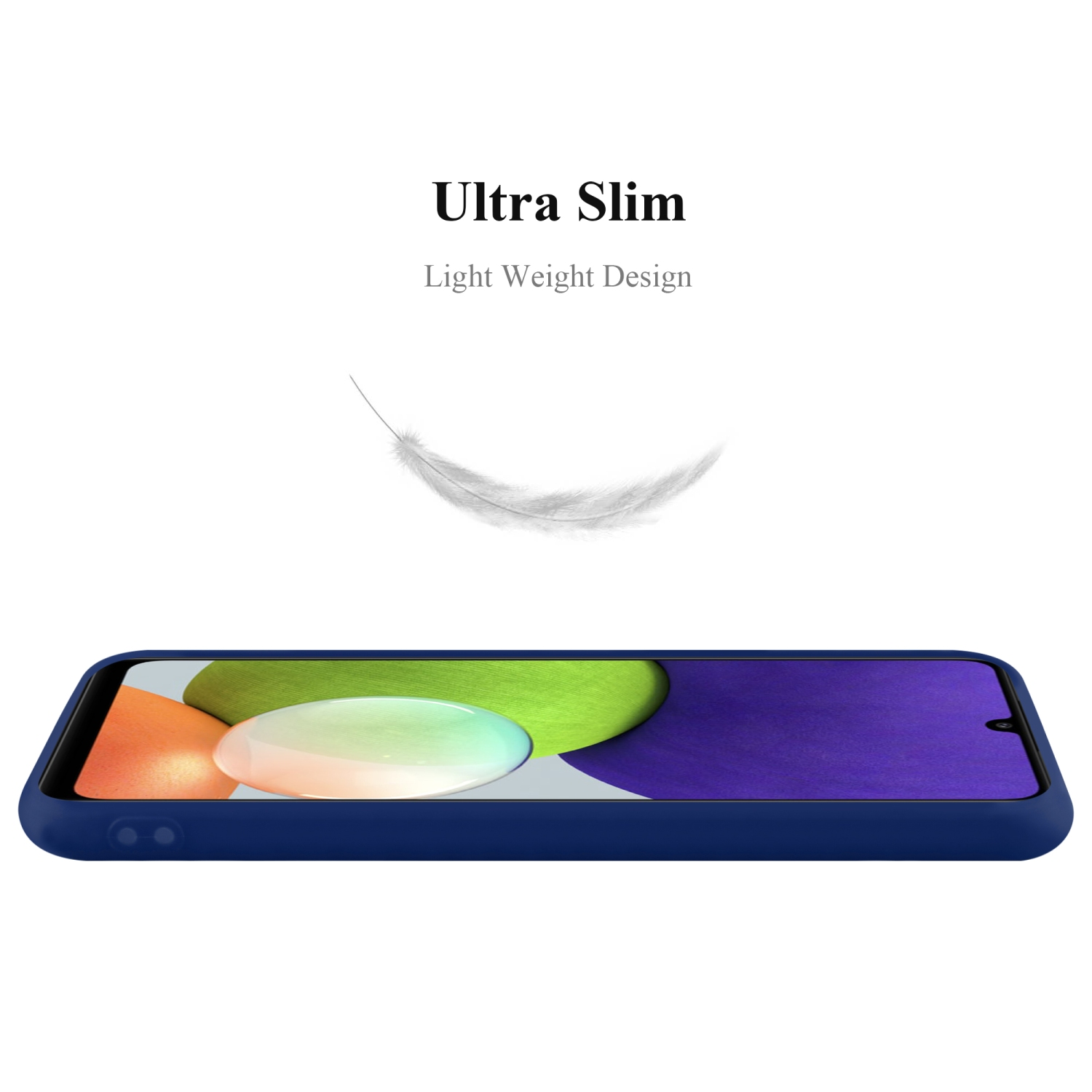 Una custodia per telefono blu con una grafica di piuma bianca.