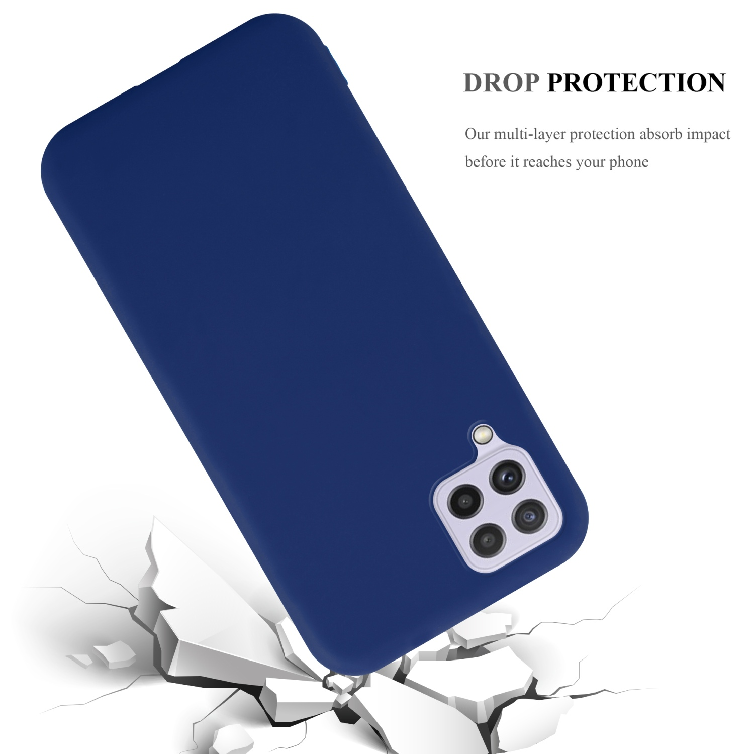 Custodia blu per telefono con telefono. Il telefono è nella custodia e su una superficie che si crepa.