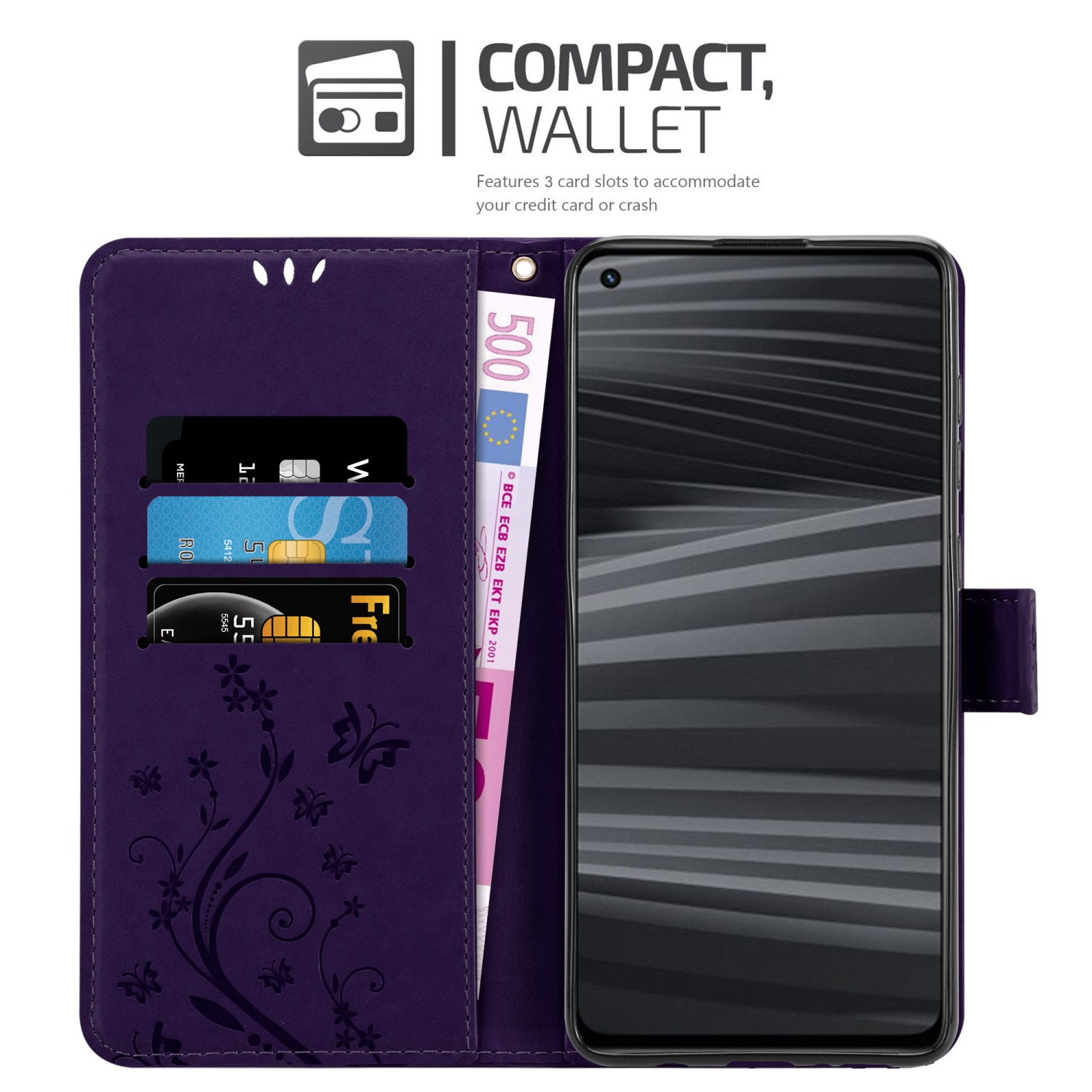 Custodia per telefono viola aperta. Un telefono è all'interno. Fessure per carte e banconota.