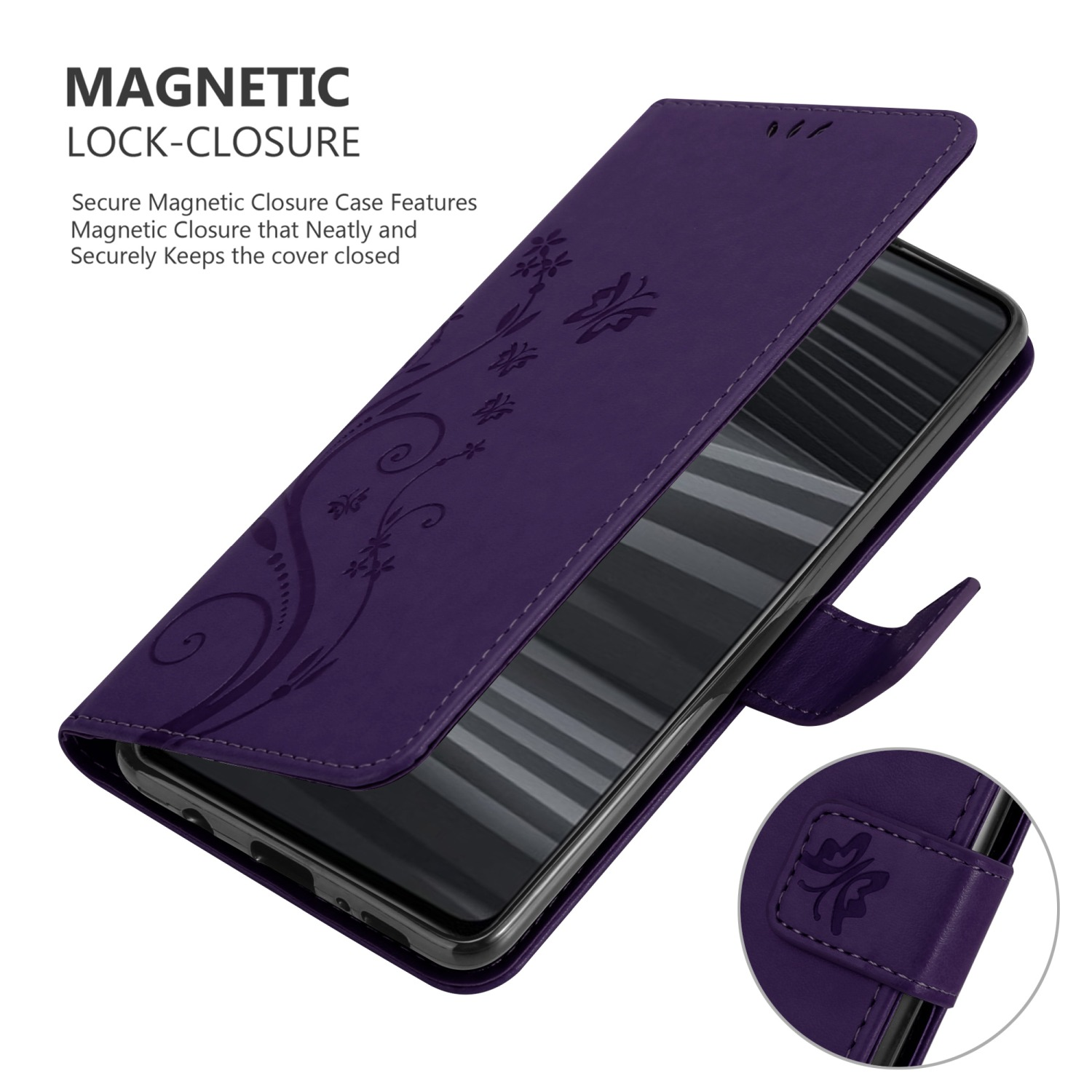 Custodia per telefono viola con design floreale. Aperta, rivela il telefono. Chiusura magnetica mostrata.