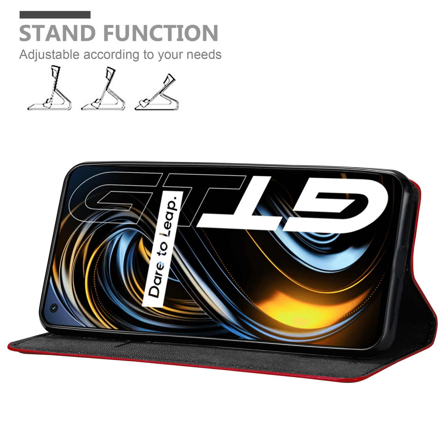 Telefono in custodia rossa. Lo schermo mostra GT e logo Dare to Leap. Funzione stand.
