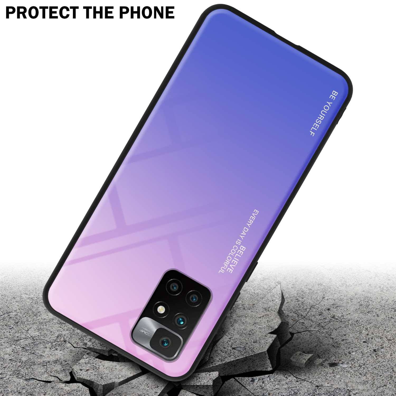 Custodia per telefono con un colore sfumato. La custodia del telefono è su una superficie crepata.