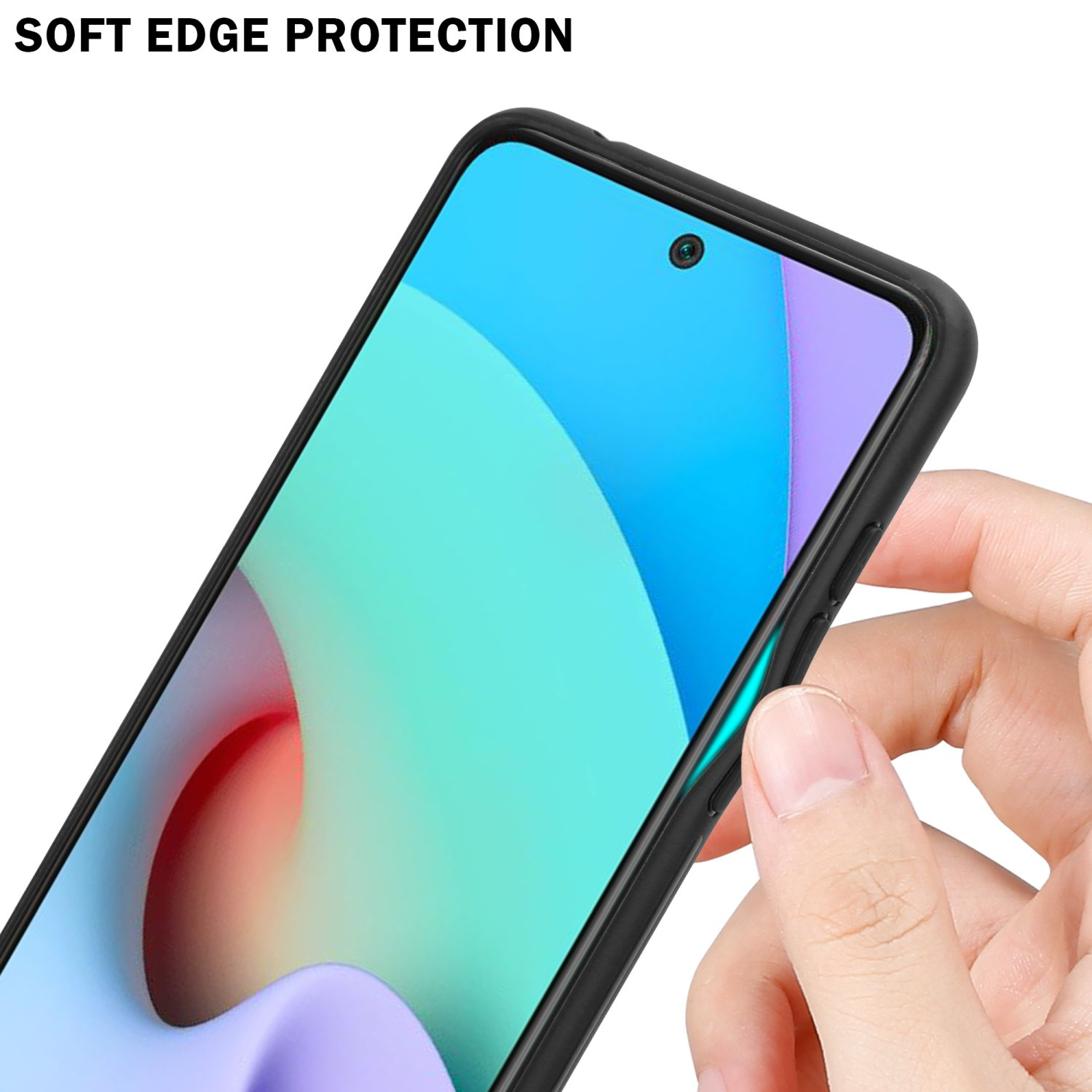 Una mano che tiene uno smartphone con una custodia nera. Lo schermo mostra grafiche colorate. La custodia ha un bordo nero.