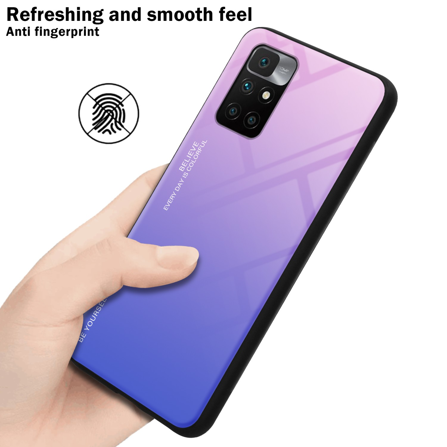 Una mano che tiene un telefono con un gradiente viola e blu sul retro. Icona dell'impronta digitale a sinistra.