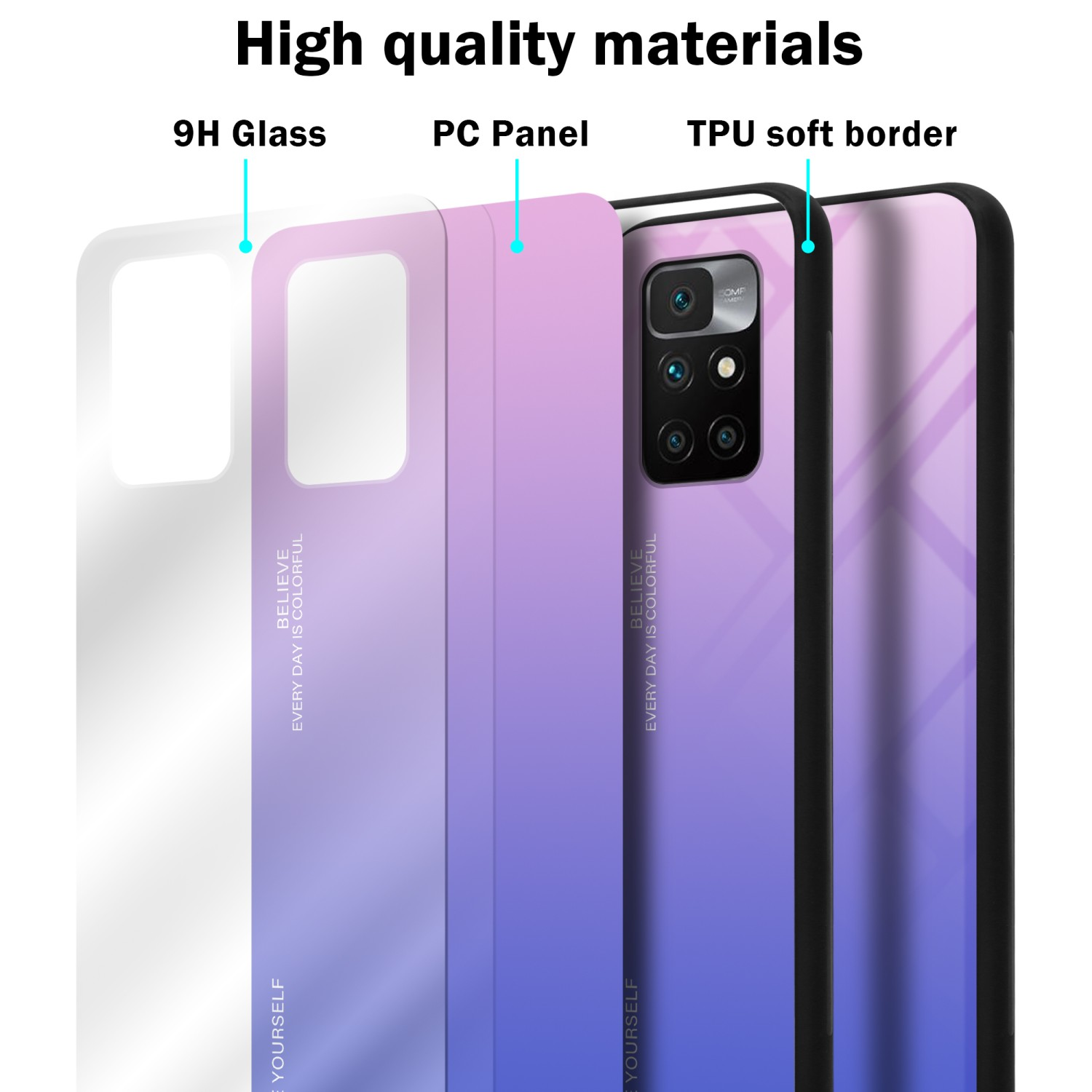 Diagramma che mostra gli strati di una custodia per telefono: vetro 9H, pannello PC e bordo morbido in TPU.