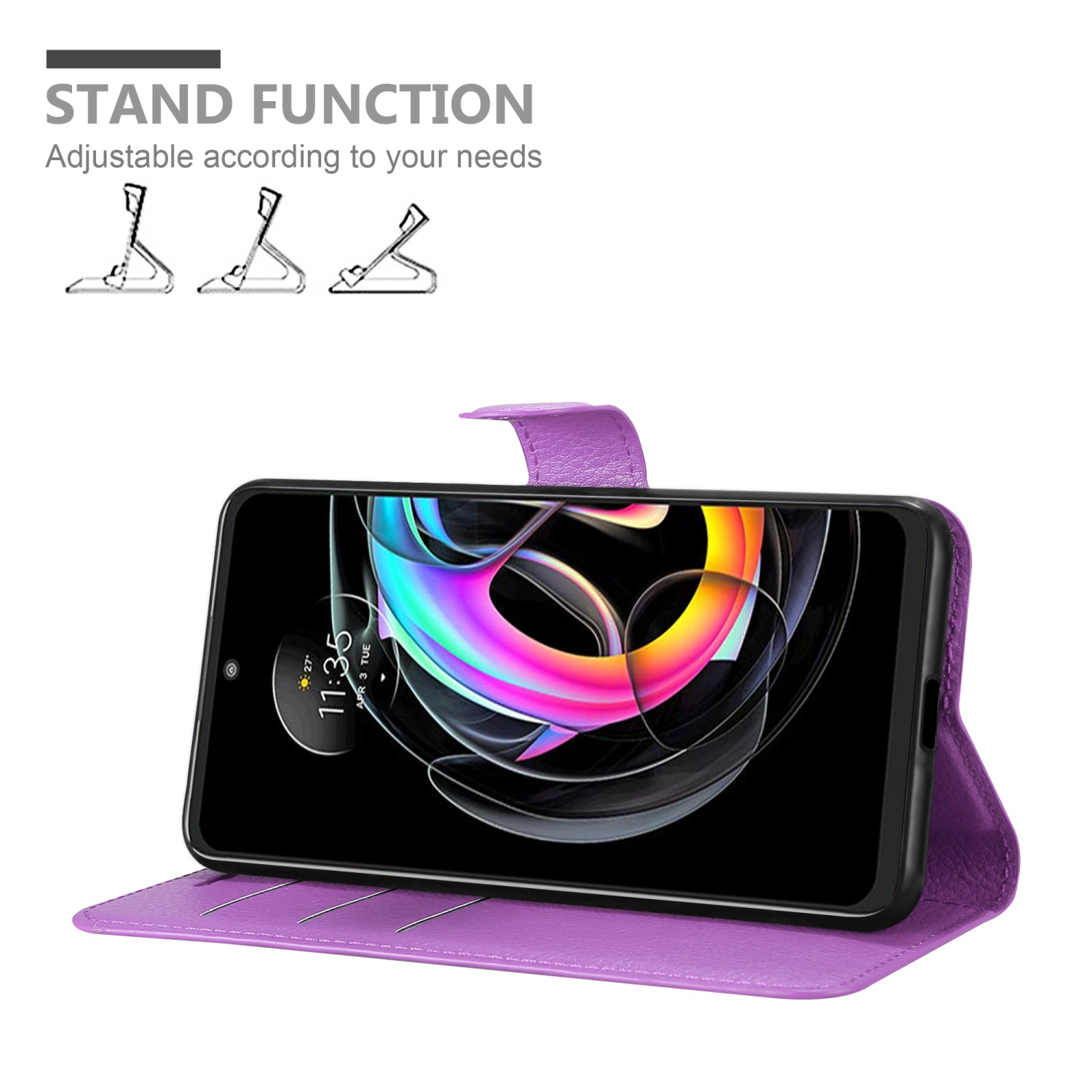 Telefono in custodia viola, aperto come supporto. Funzione supporto nell'immagine.