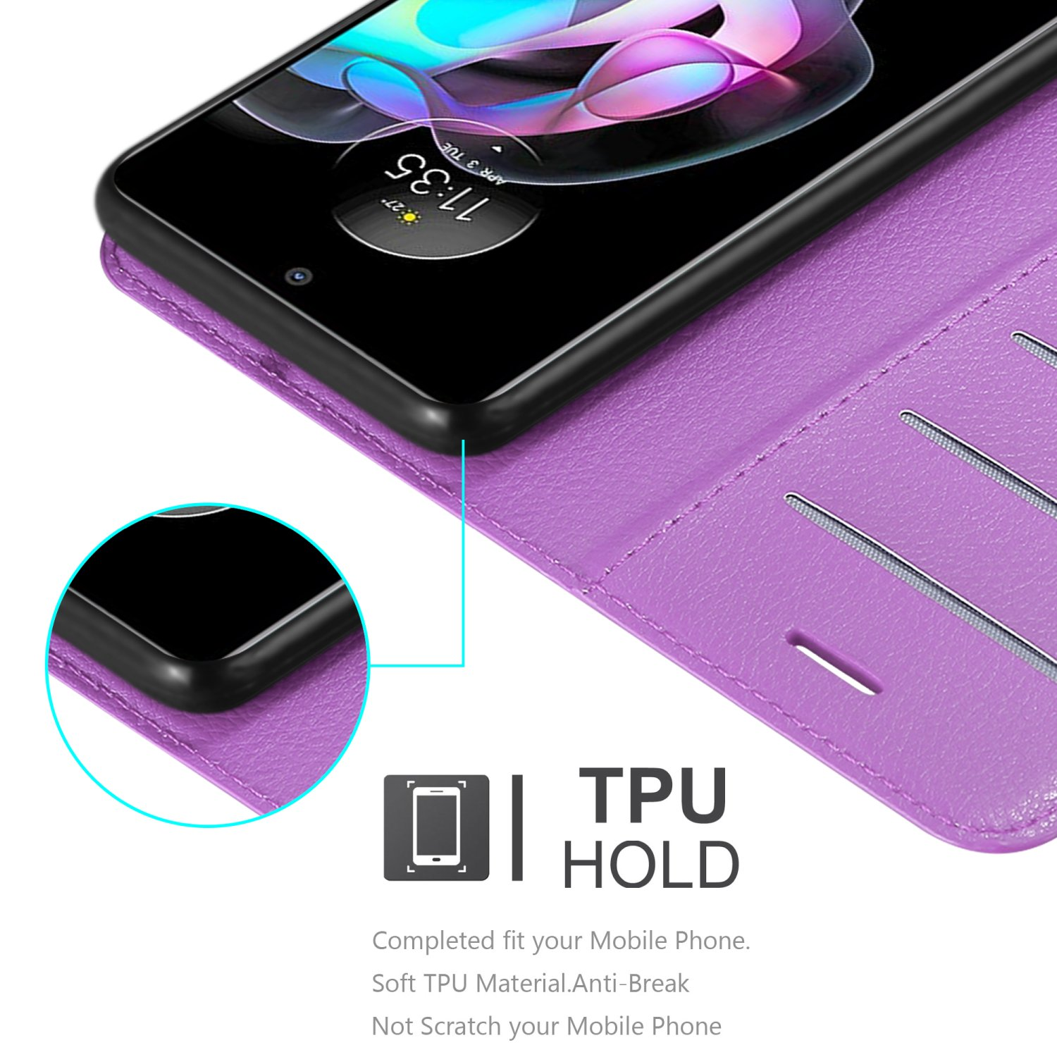 Custodia viola, il telefono è tenuto da un supporto in TPU. L'ora è 11:35.