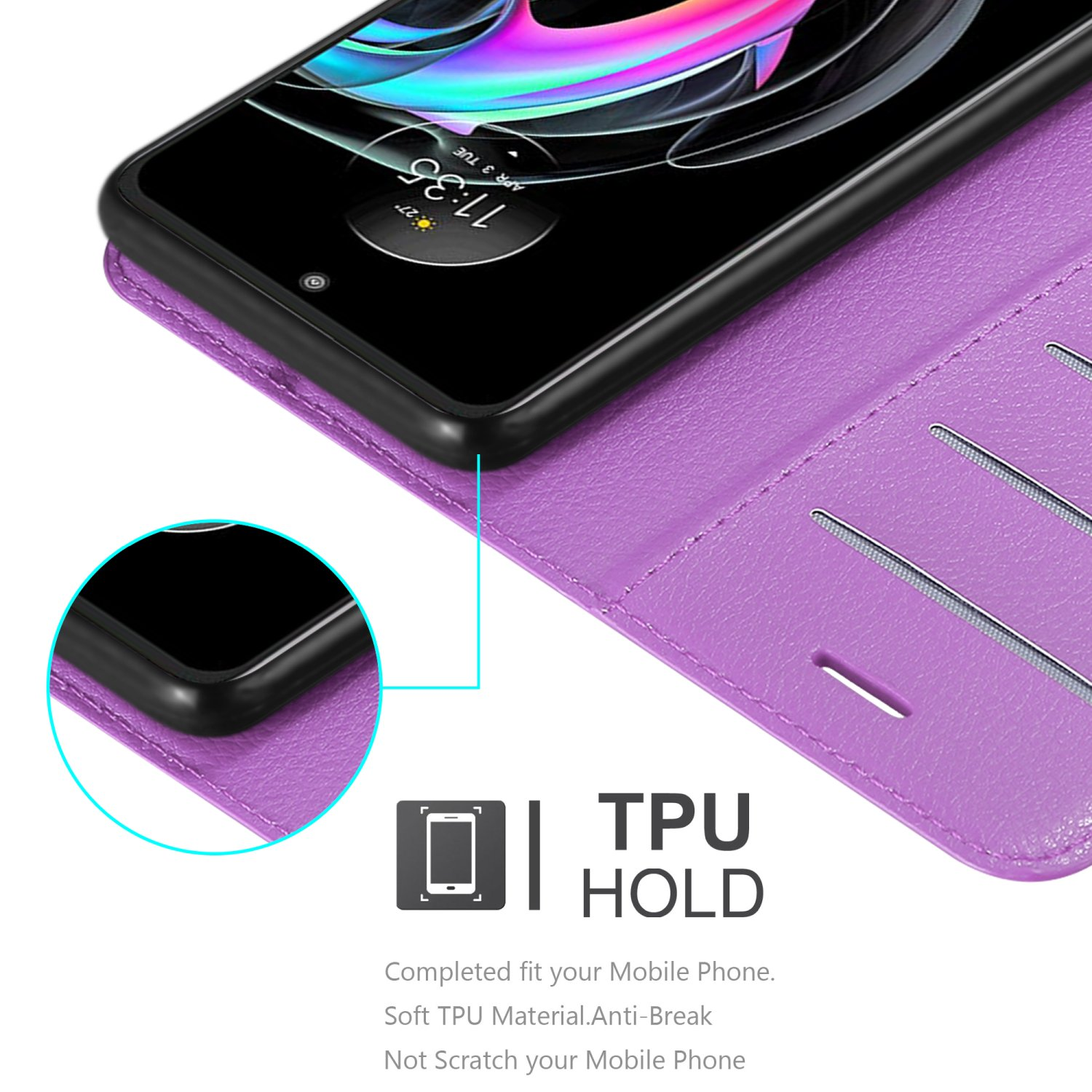 Custodia viola per telefono. Testo: TPU Hold.