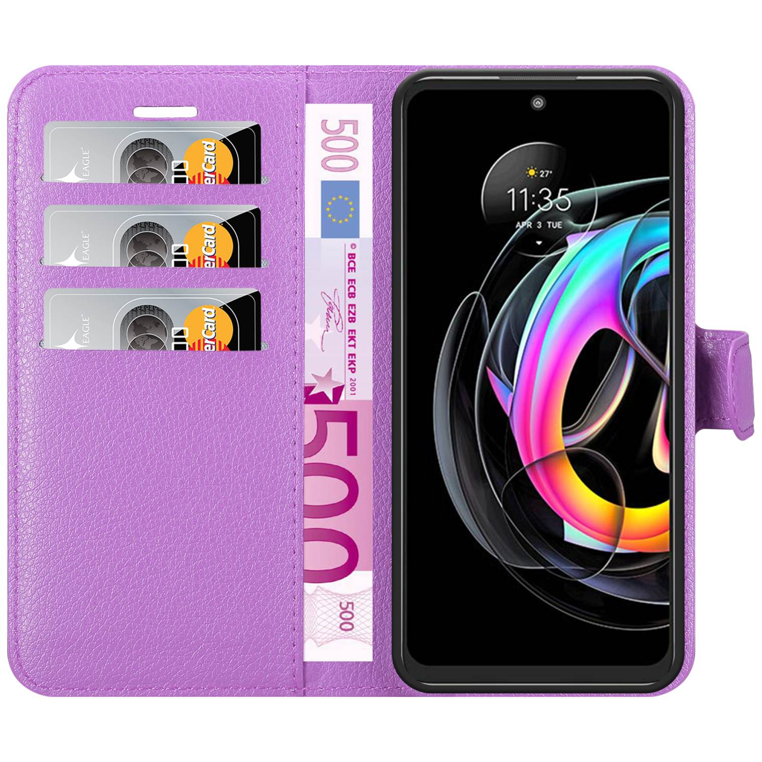 Custodia per telefono viola aperta con carte di credito e banconota da 500 euro. Il telefono mostra un display colorato.