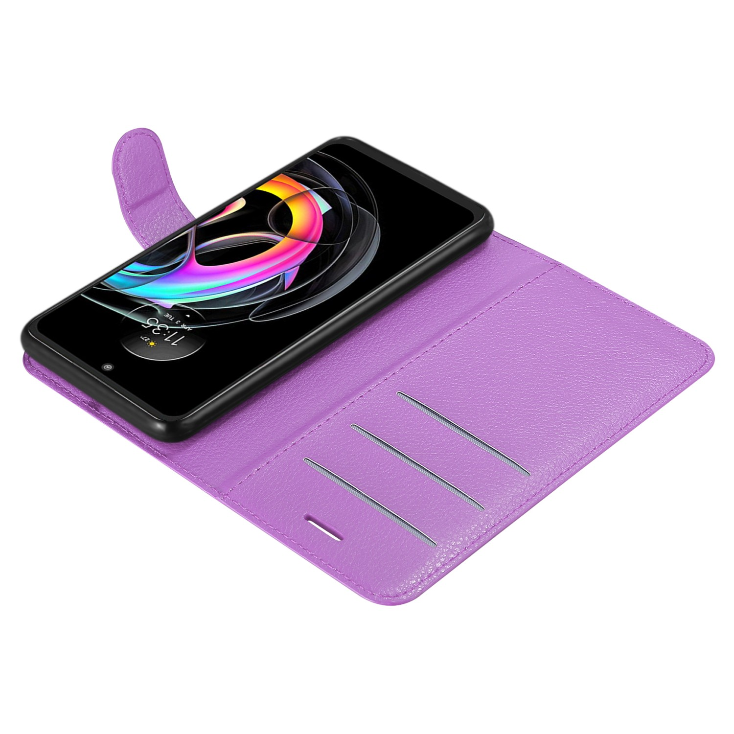 Custodia viola aperta con telefono all'interno. Lo schermo mostra immagine astratta colorata.