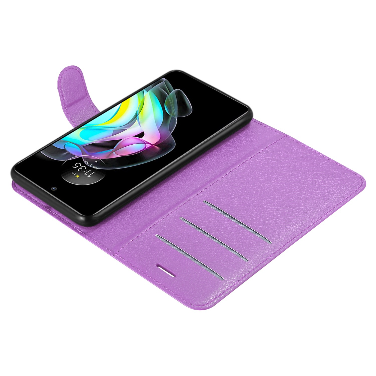 Custodia viola per telefono. Custodia aperta con telefono. Telefono nero, schermo acceso. Fessure per carte.