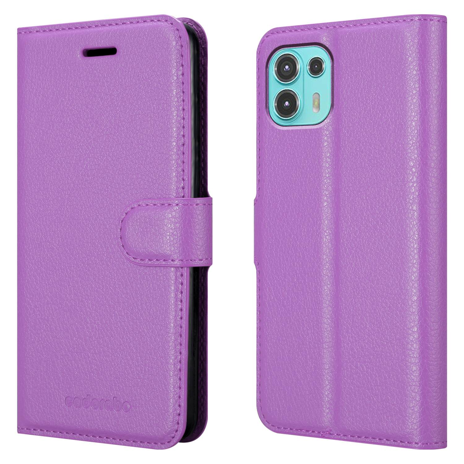 Custodia per telefono viola, chiusa e aperta. Presenta una chiusura magnetica e un ritaglio per il telefono sul retro.