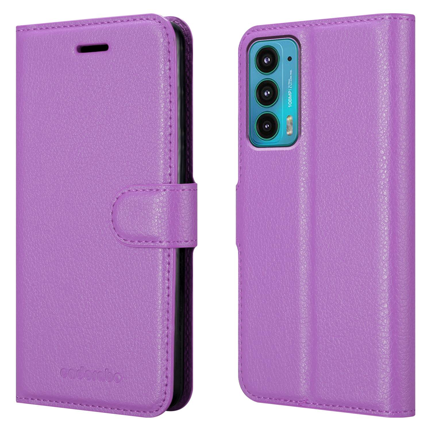 Custodia per telefono viola con patta. Il lato destro mostra il retro del telefono con fotocamere.