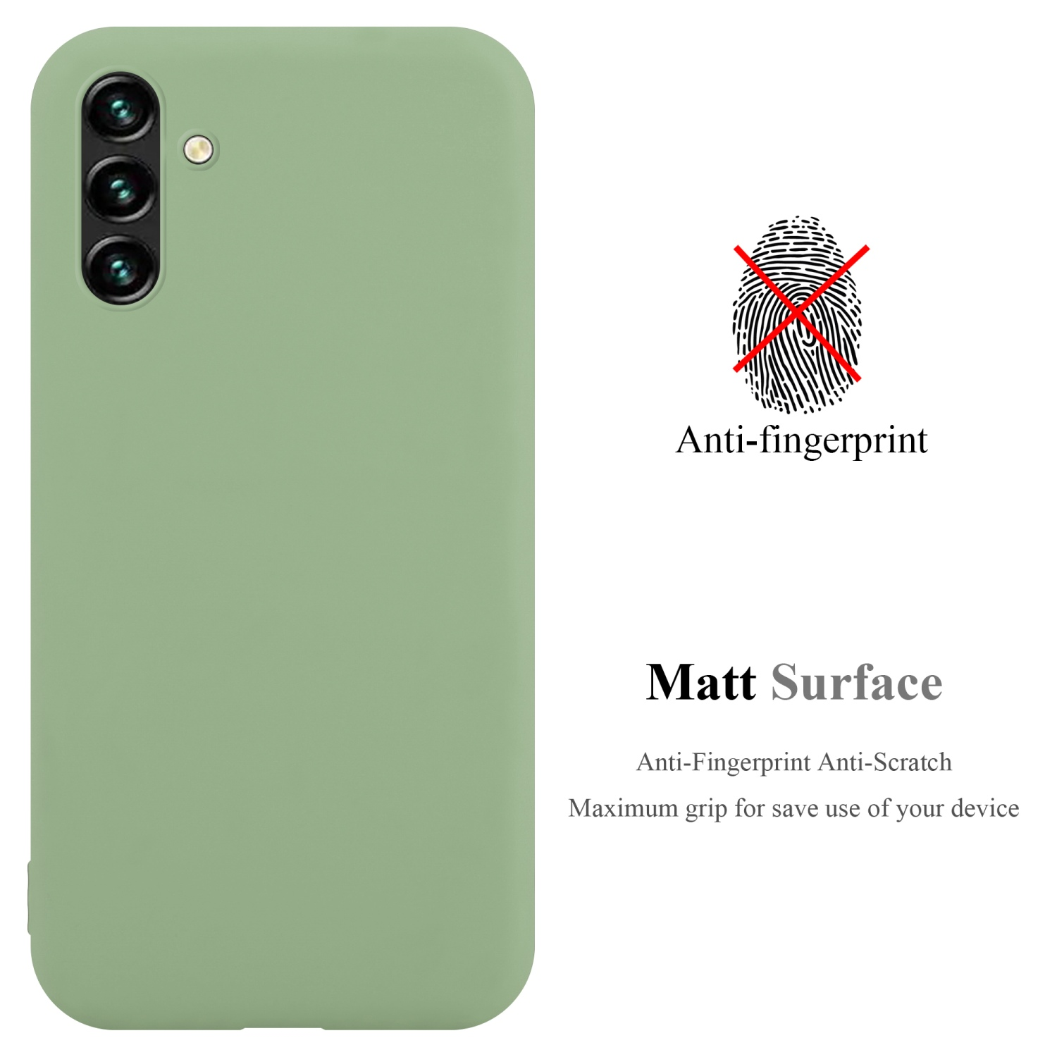 Grüne Handyhülle mit Telefon. Anti-Fingerprint Text und Grafik. Matt Surface Text, Anti-Kratzer-Beschreibung.