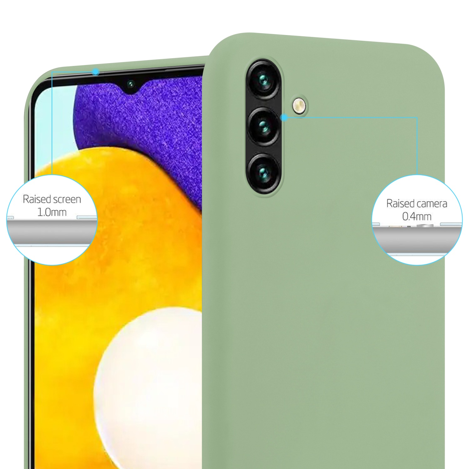 Grüne Handyhülle mit Telefon. Bildschirm und Kamera sind mit Messungen beschriftet.