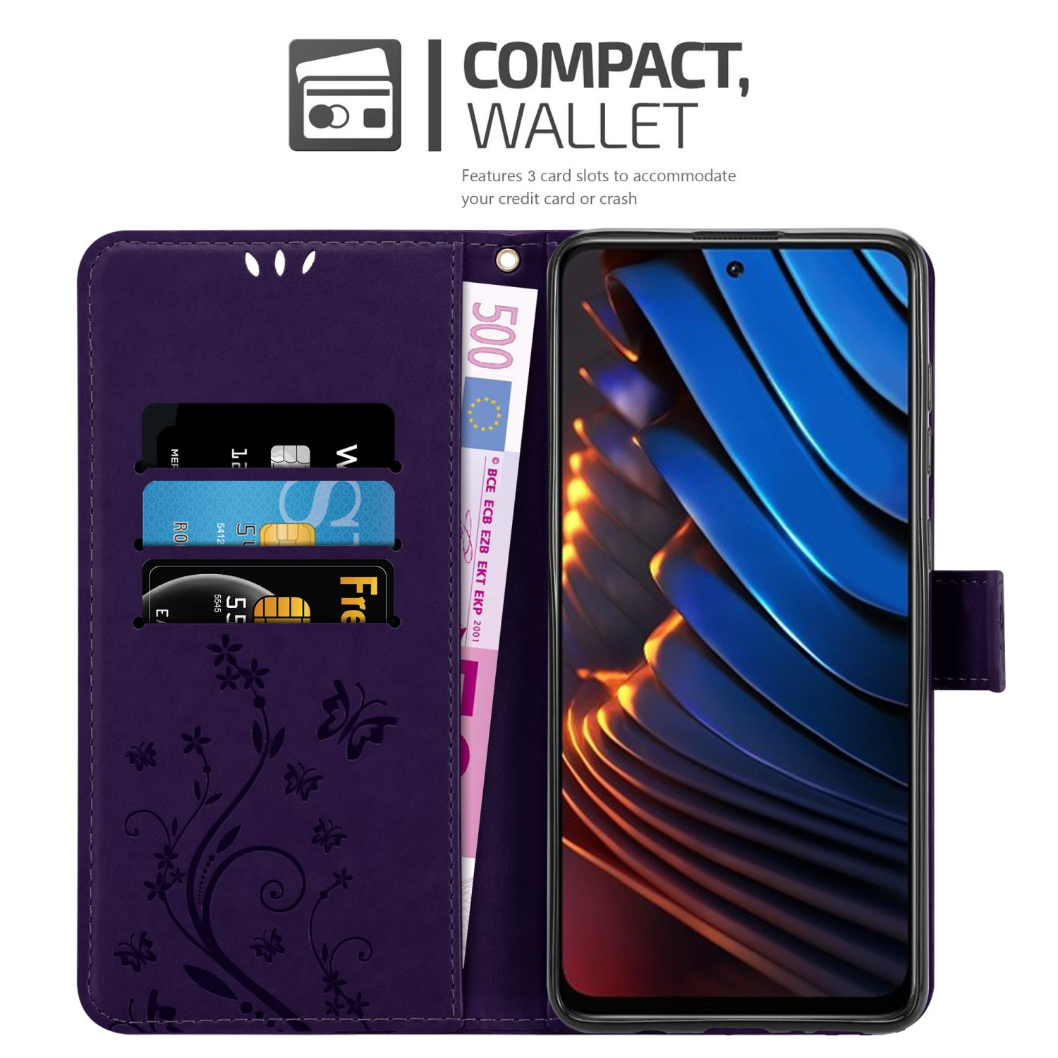 Custodia per telefono viola aperta con un telefono, banconote e carte. La custodia ha un design floreale.