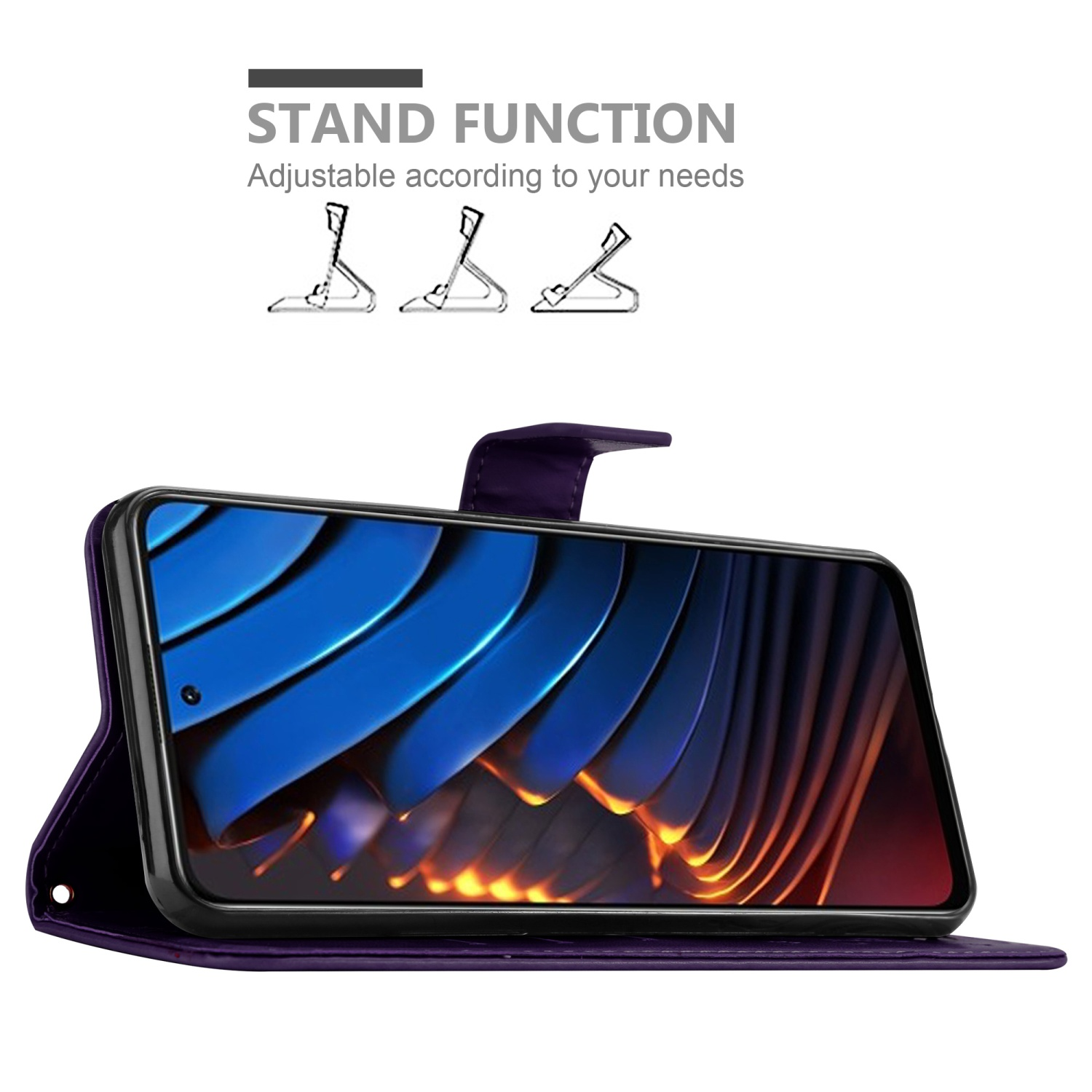 Un telefono in una custodia viola, con funzione di supporto. Le illustrazioni mostrano diverse regolazioni dell'angolo.