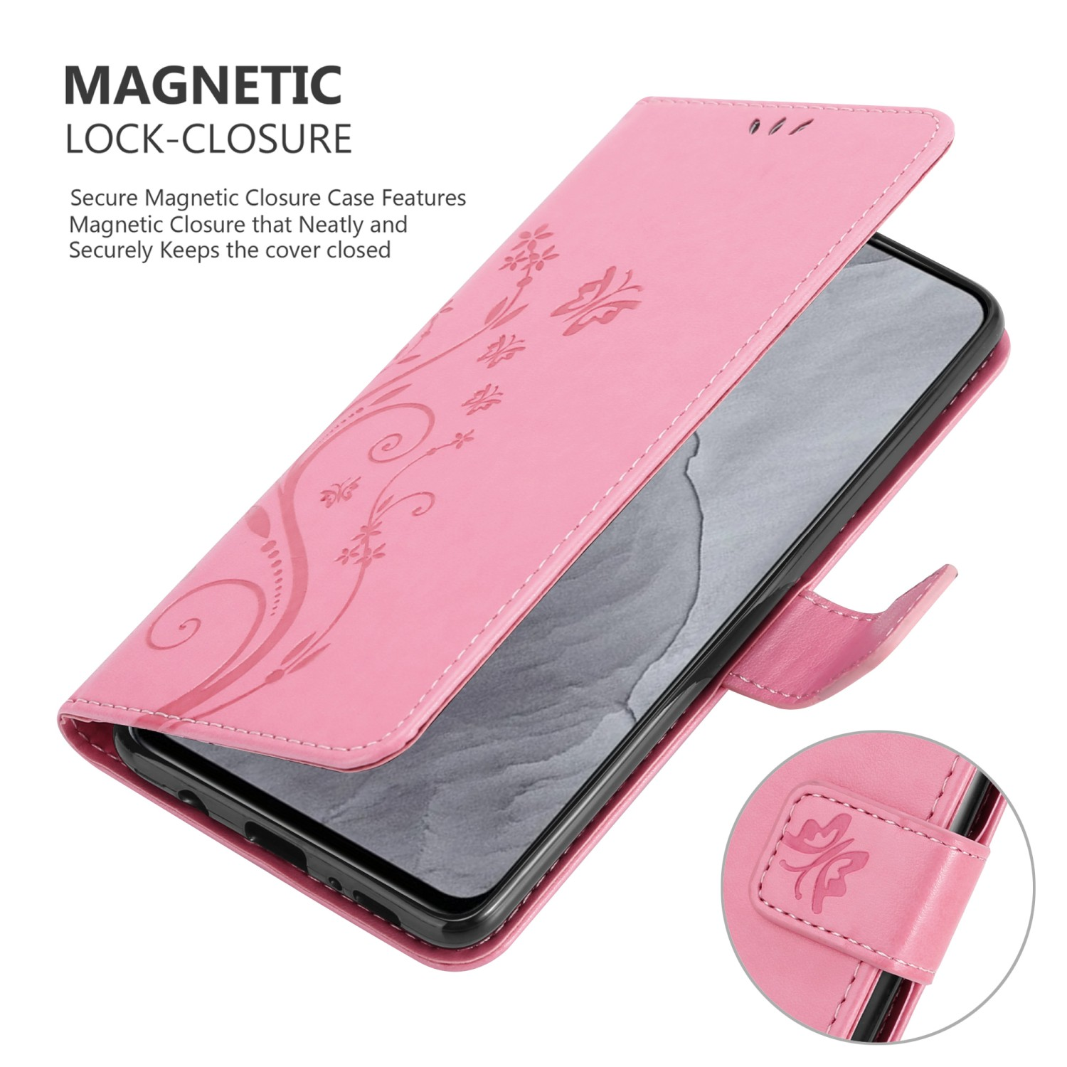 Custodia rosa per telefono con design floreale, aperta, che rivela lo schermo del telefono.