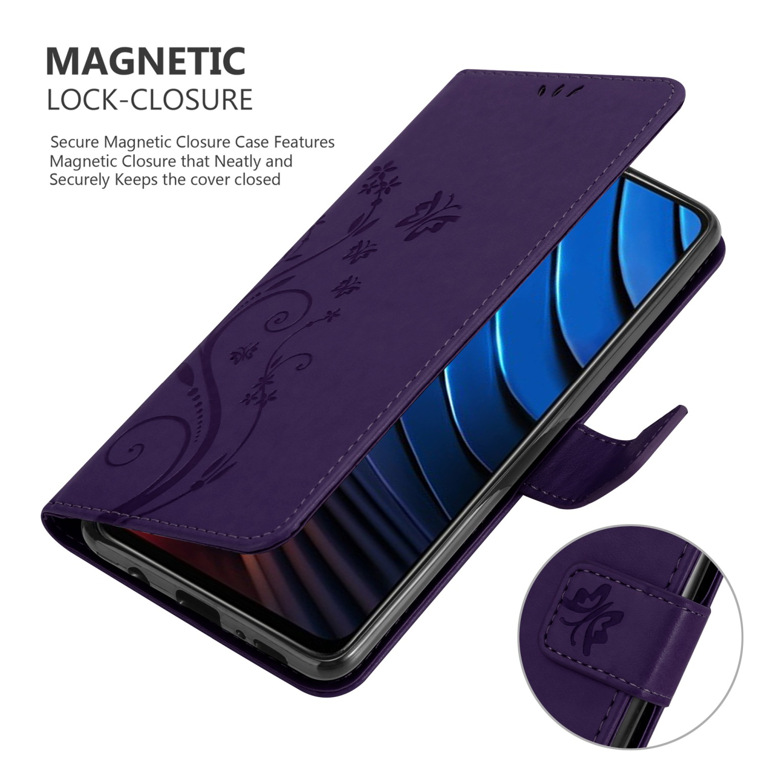 Custodia viola con un design floreale, chiusa. Testo: Chiusura magnetica. Protezione dalle cadute.