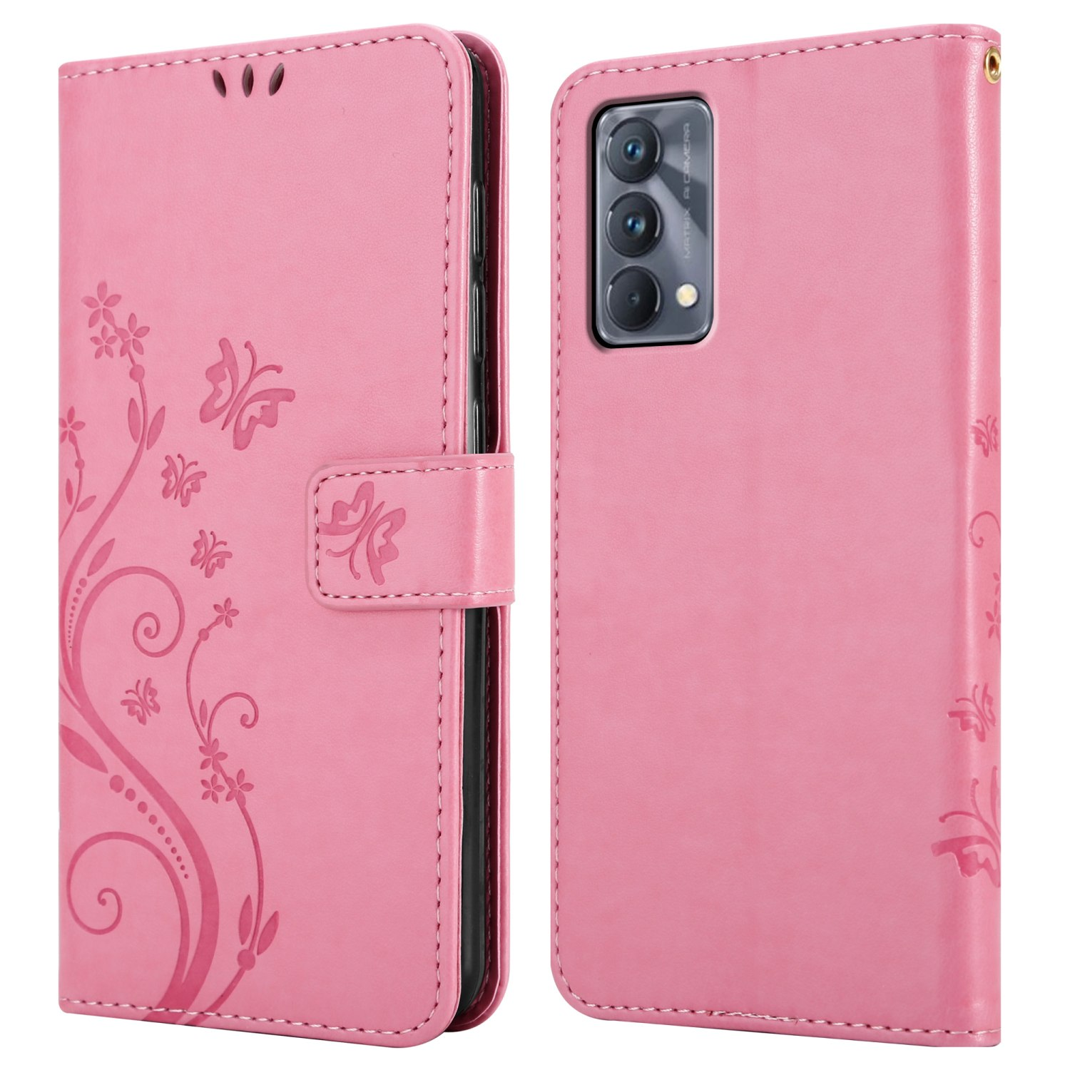 Custodia rosa, aperta per mostrare il telefono. Design floreale e farfalle sul lato sinistro. La custodia è chiusa a destra.