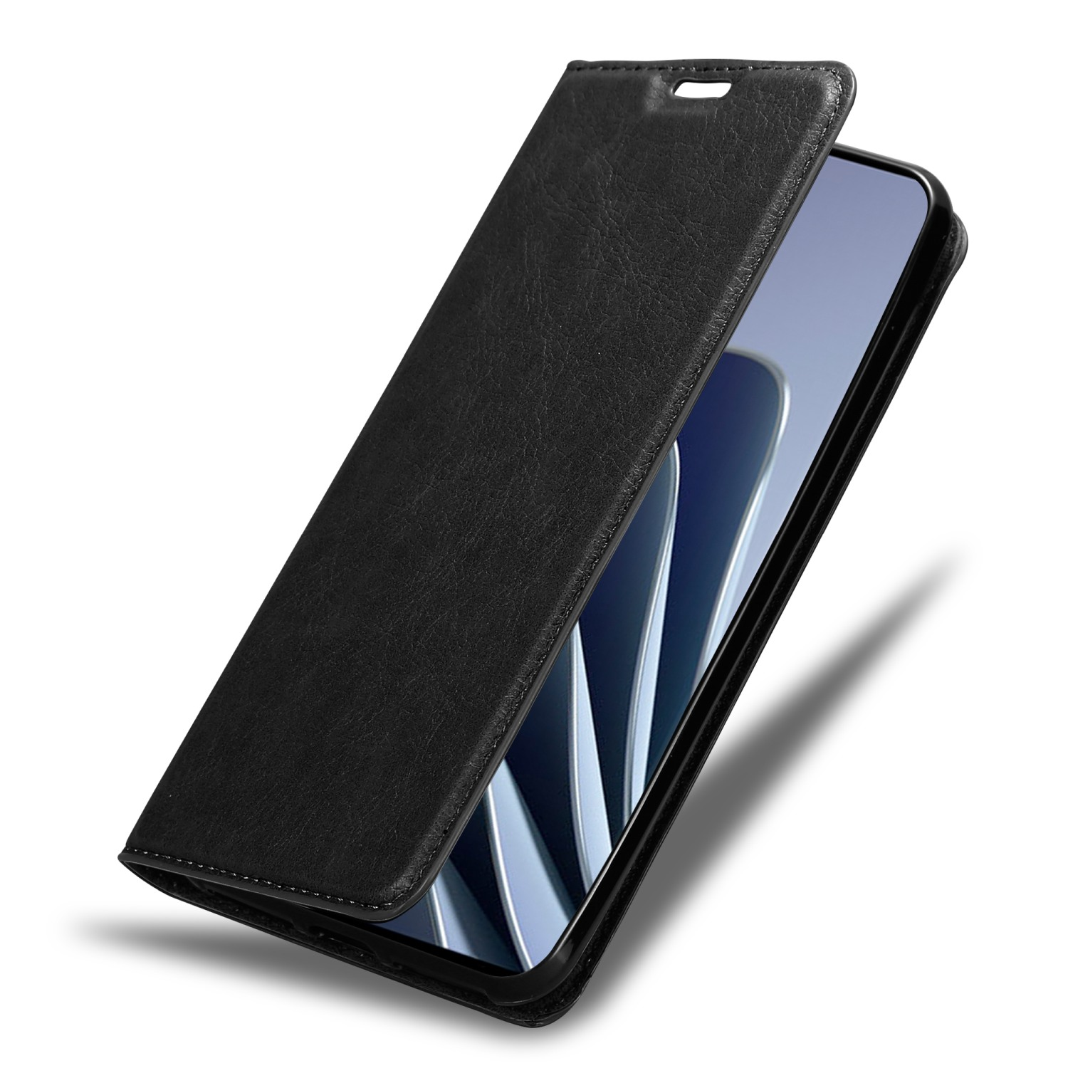 Custodia nera per telefono con un telefono dentro, che si apre per rivelare lo schermo.